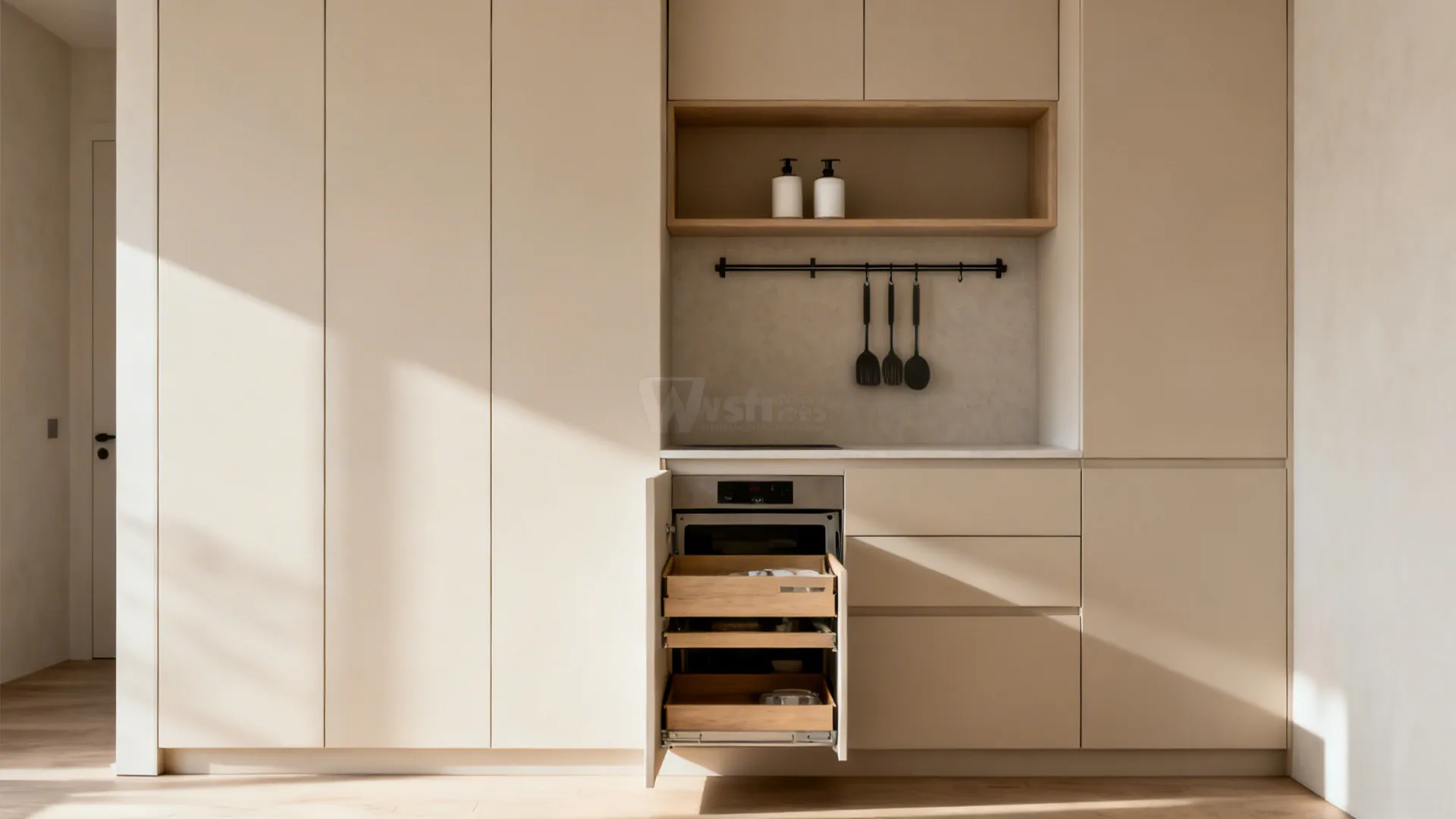 Minimalist beige kitchen cabinets featuring open wooden drawer with storage organizers and hanging kitchen tools