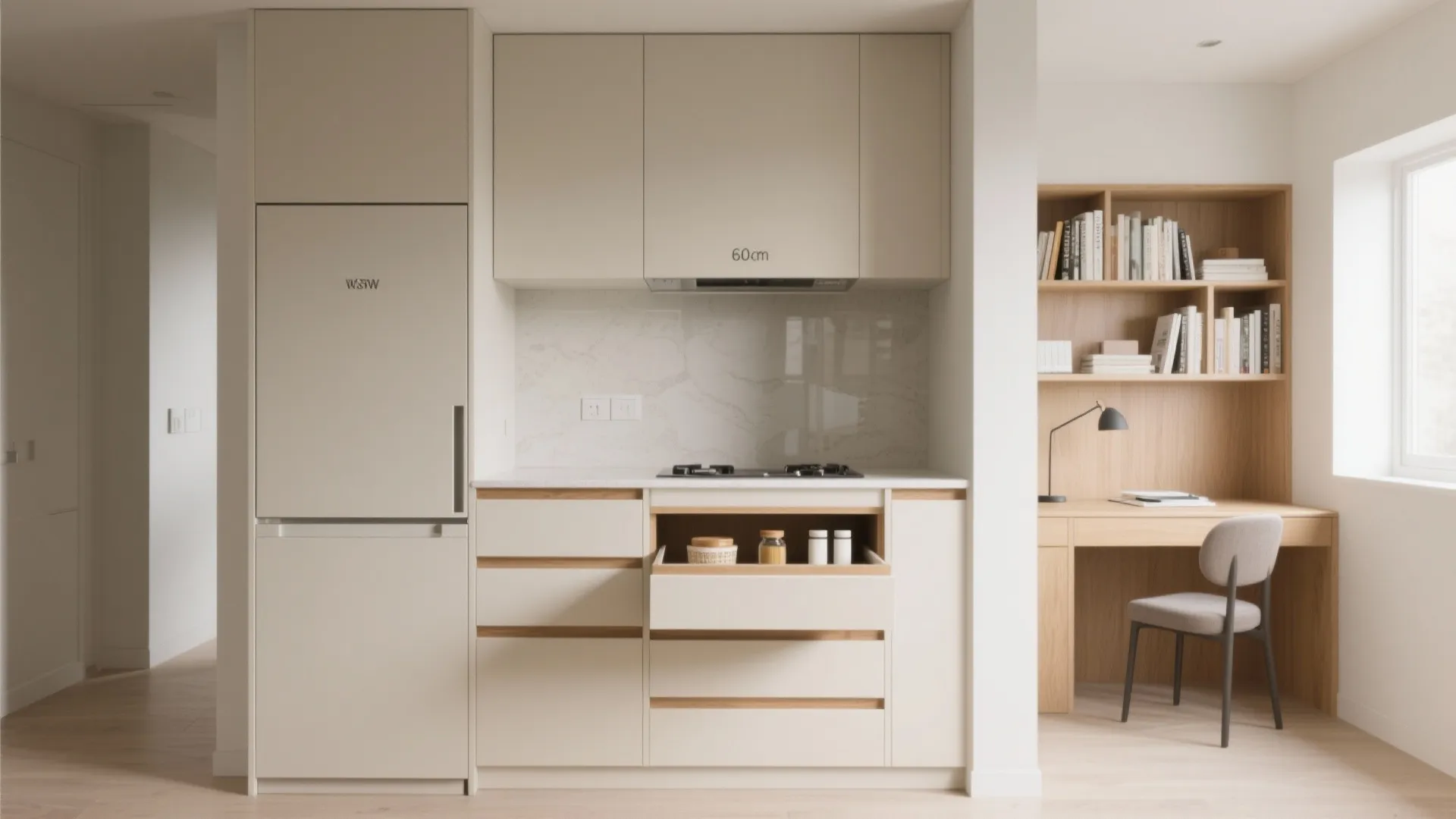 Minimal kitchen storage for a calmer study zone
