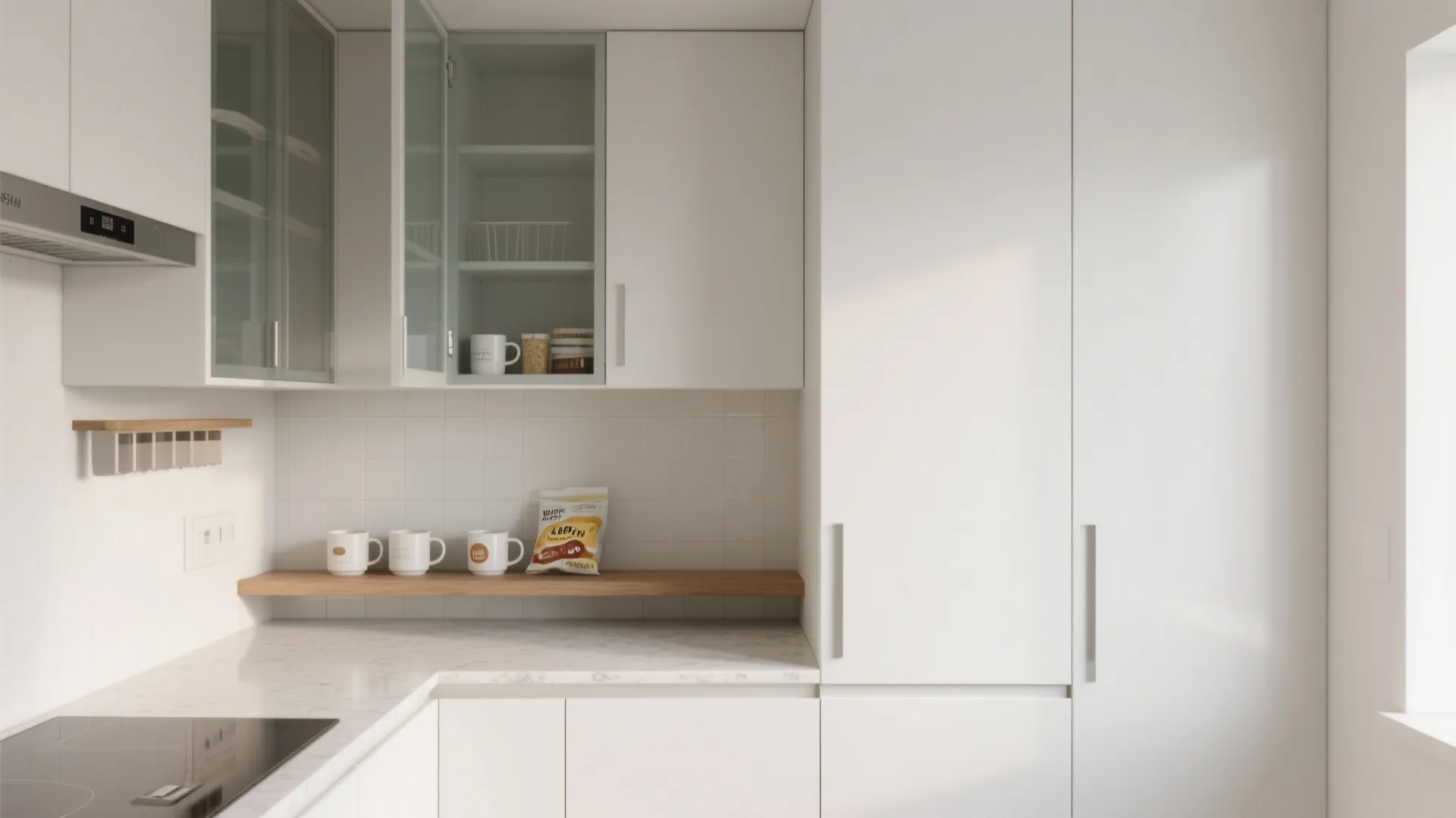 Minimalist white kitchen storage with wooden shelf, white mugs, marble countertop, and open glass cabinet