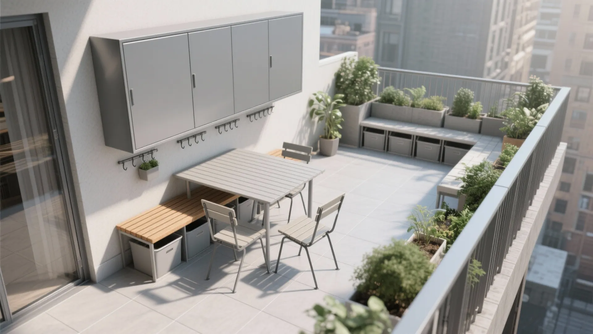 Modern balcony with grey wall cabinet wooden table white chairs green plants and city view