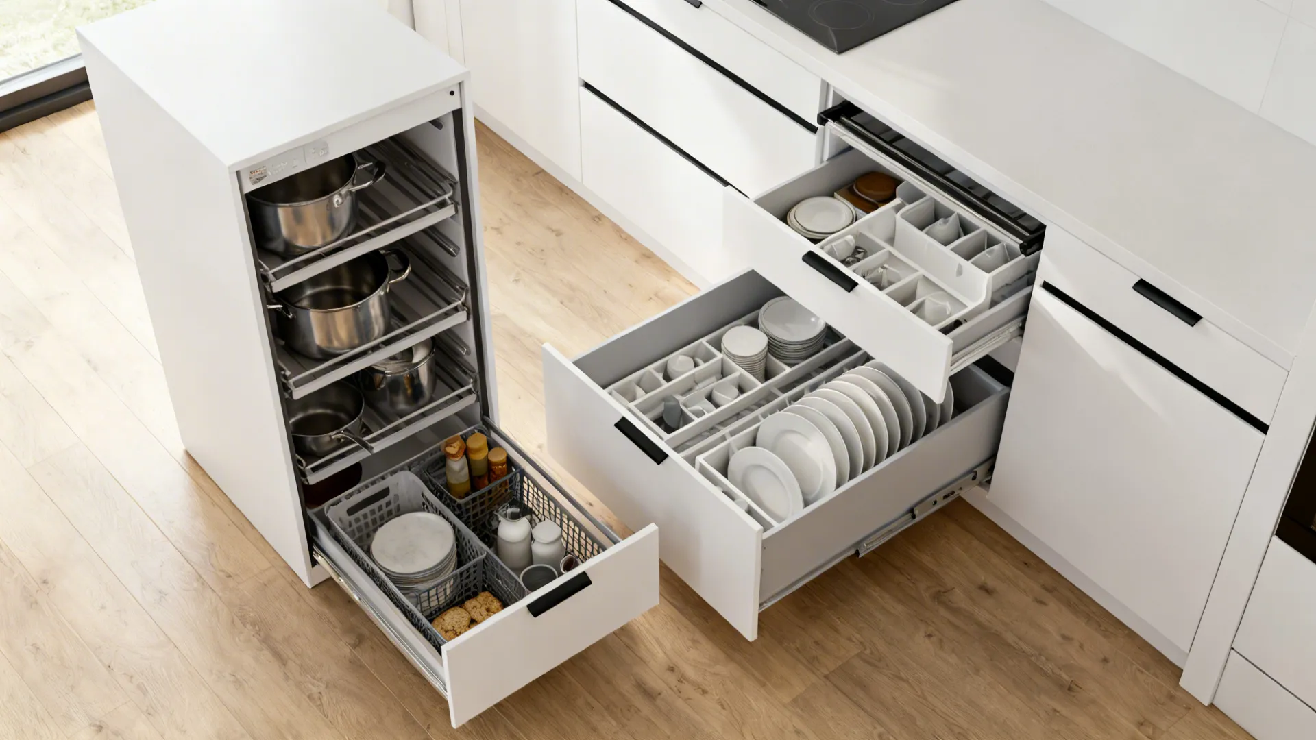 Top-down view of a small kitchen with a tall pull-out pantry and two wide deep drawers in a minimalist layout.