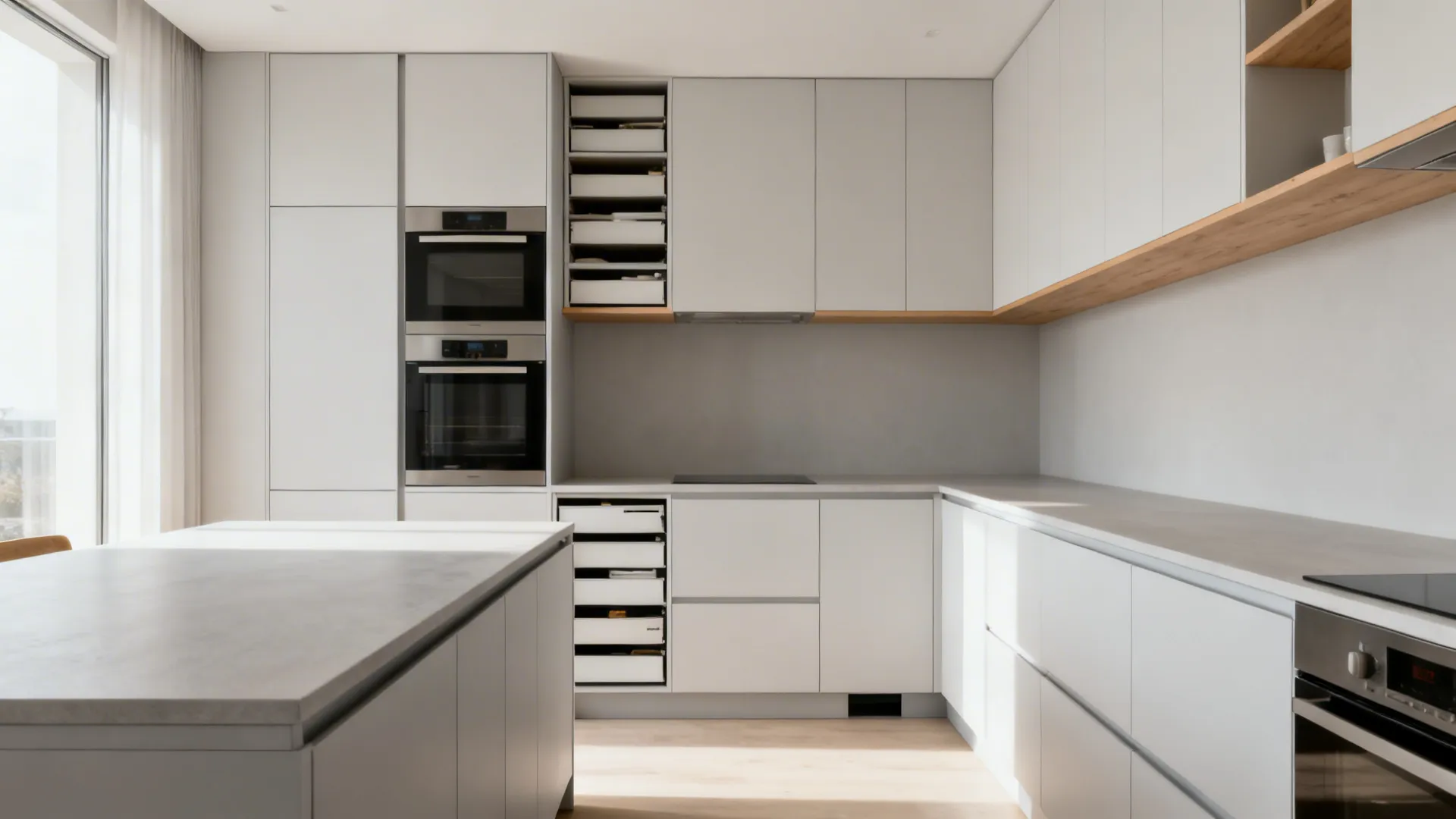 Bright minimalist white kitchen with many storage drawers plus built-in double oven and wooden shelves