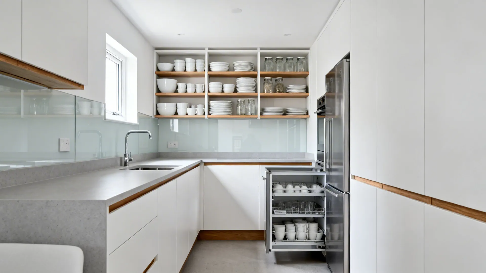 Minimalist UK galley kitchen with open shelves and a 600mm pull-out pantry for streamlined storage.