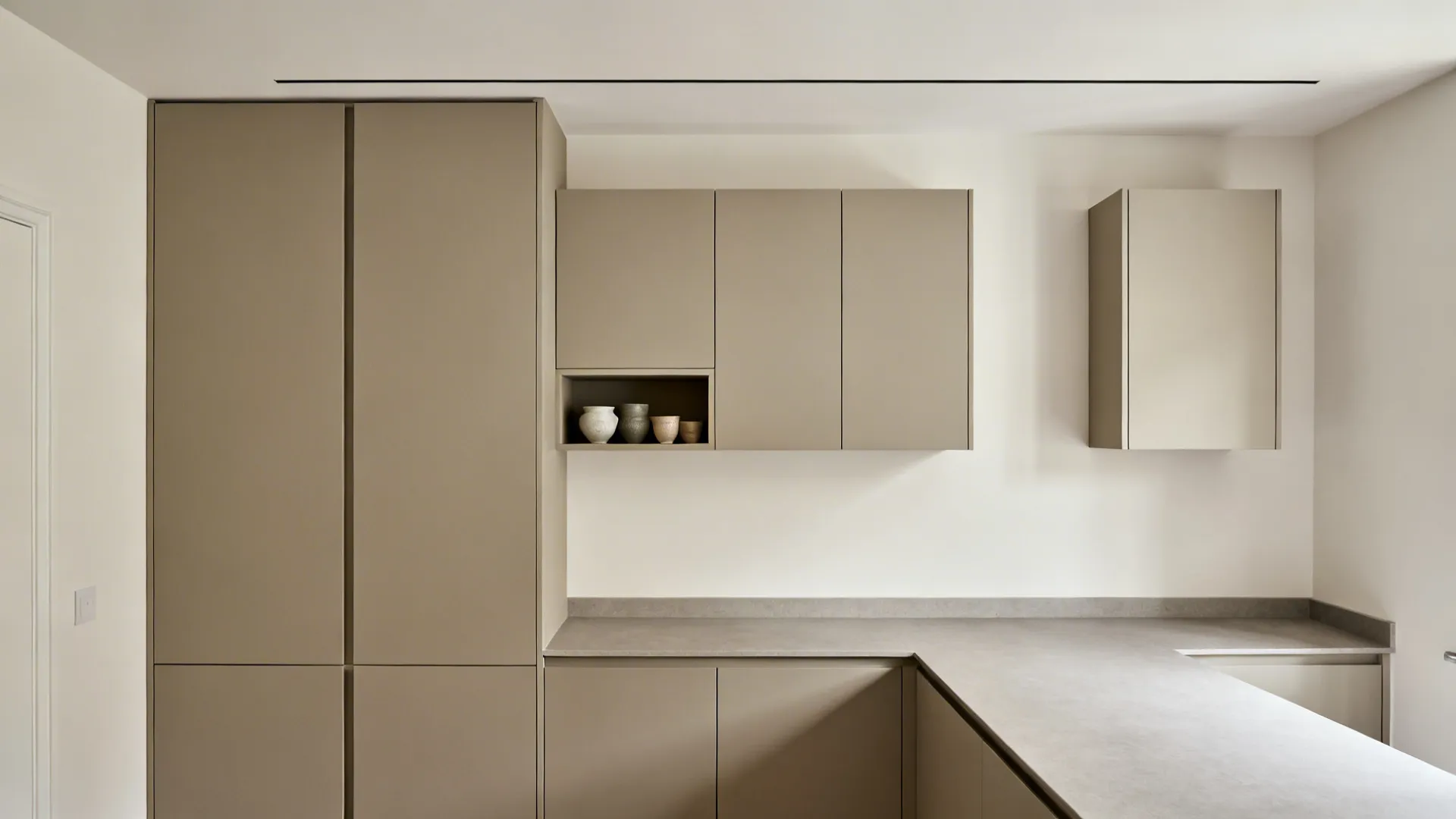 Greige slab-front cabinets with one open shelf in a compact UK kitchen, showing clean minimalist storage.