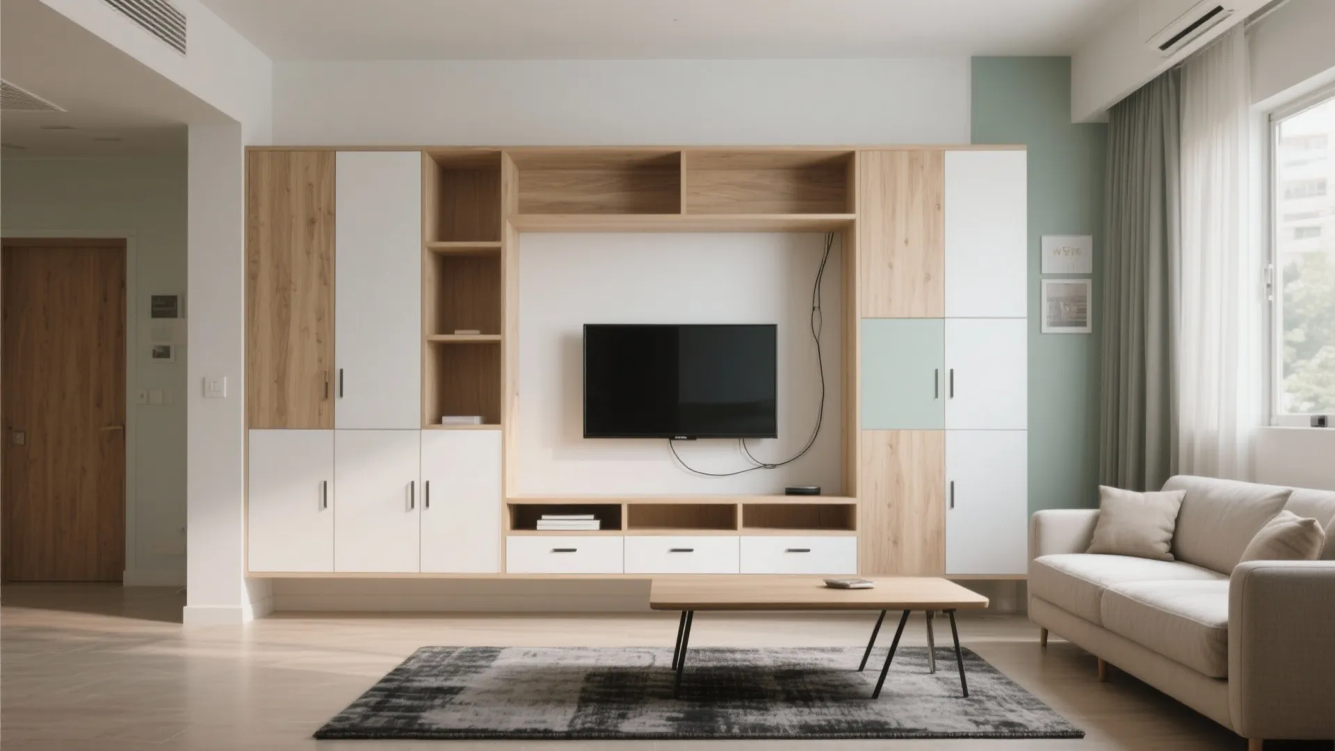 Minimal storage wall with warm accents