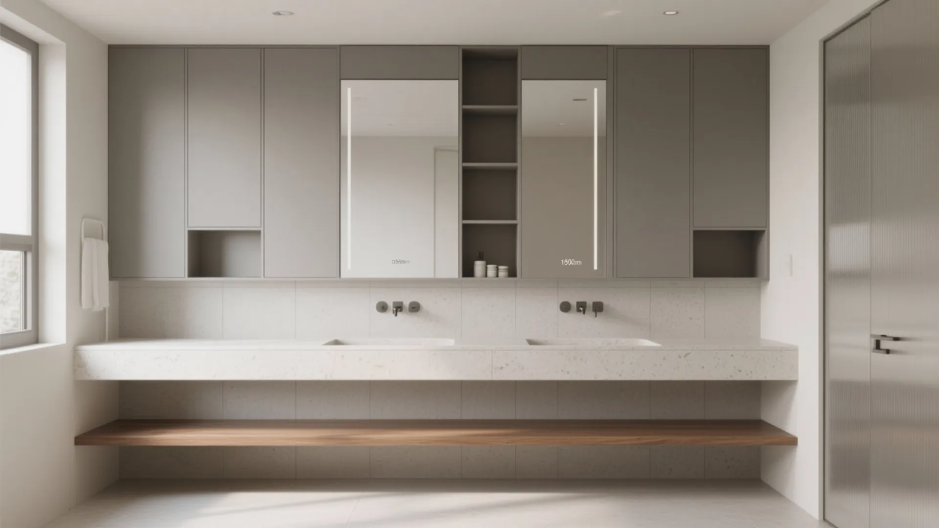 1) Minimalist storage wall behind the vanity