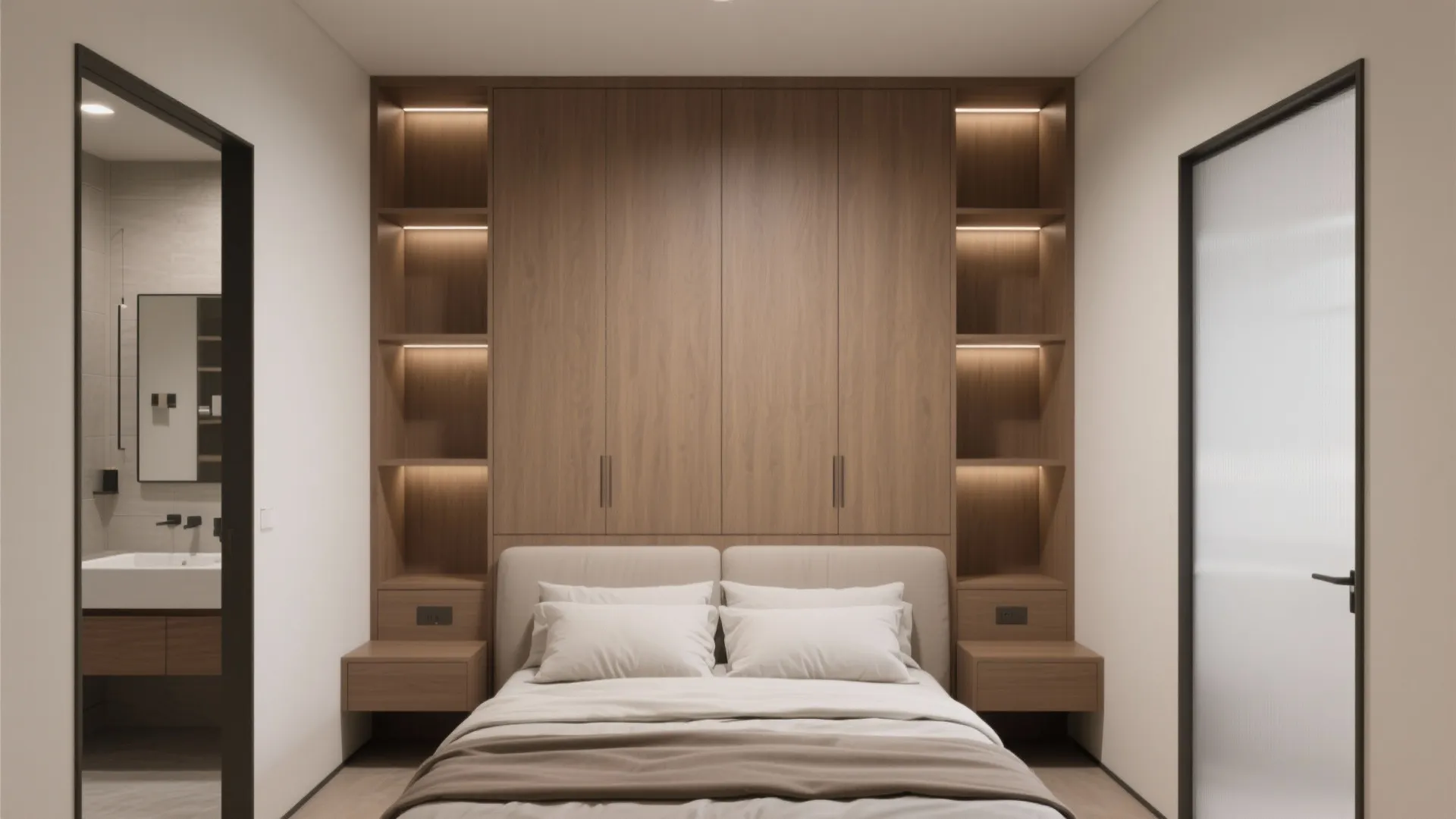 Minimalist full-height storage wall with integrated lighting behind a calm bed setup.