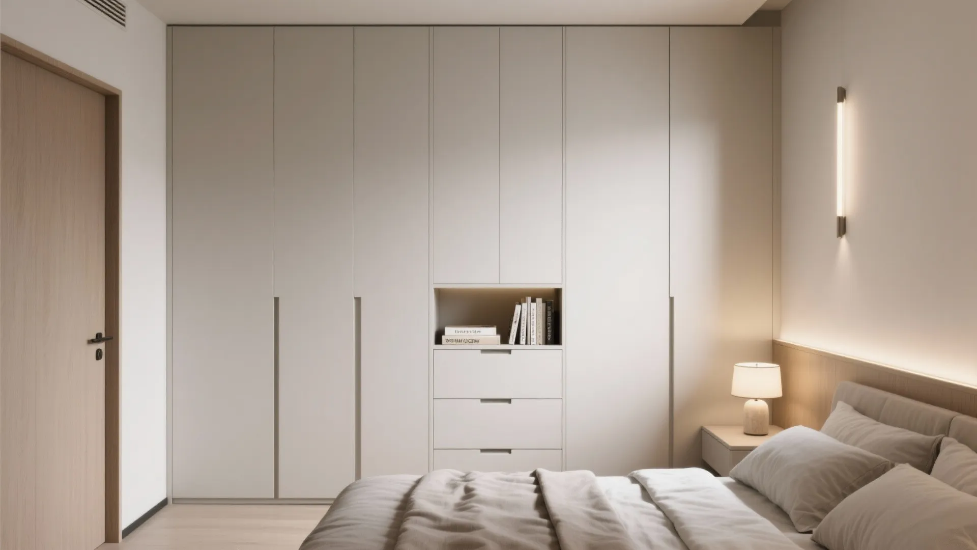 Minimalist storage walls for a calm, clutter-free bedroom