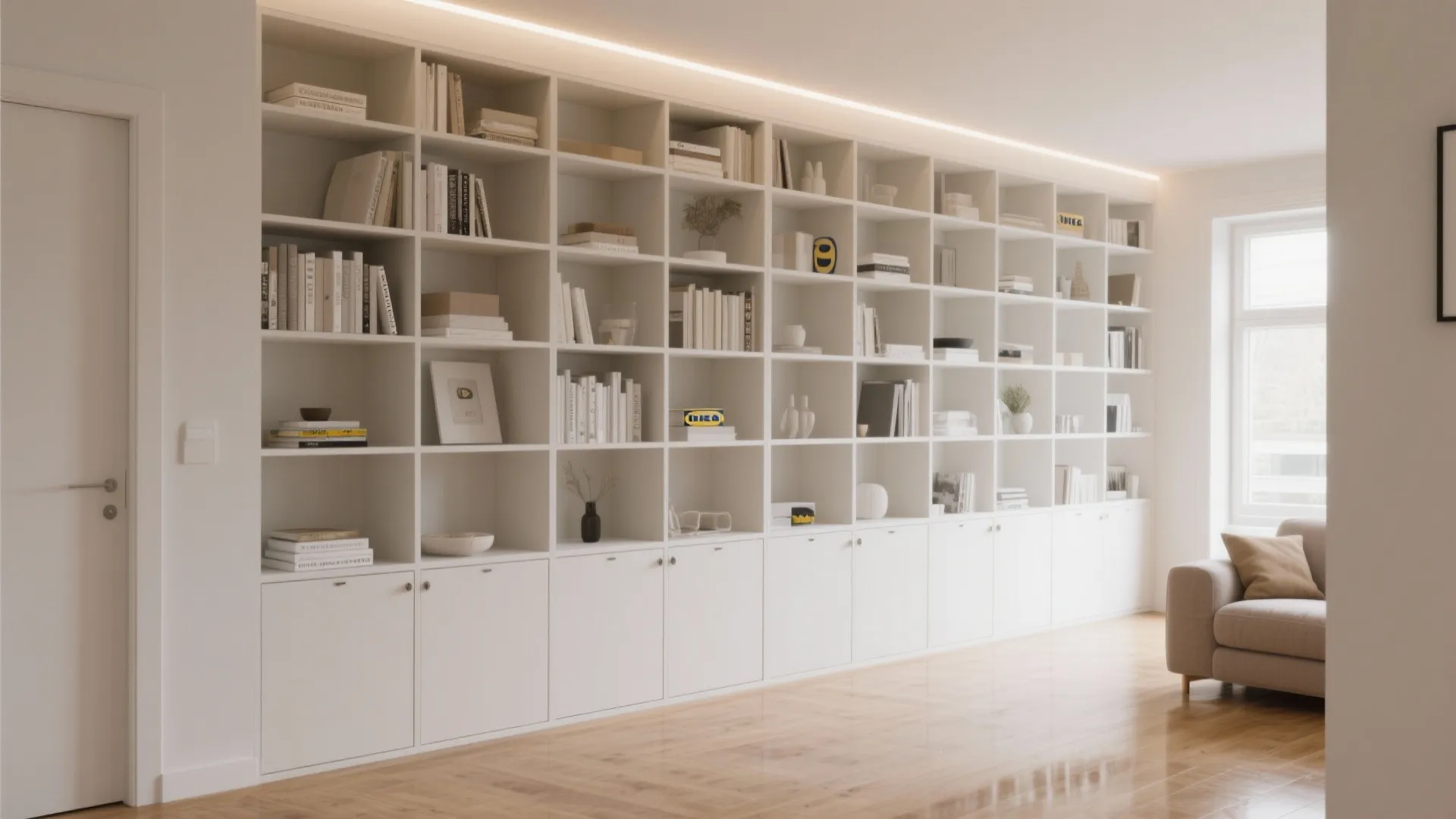 1) Minimalist Storage Wall That Doubles as Decor