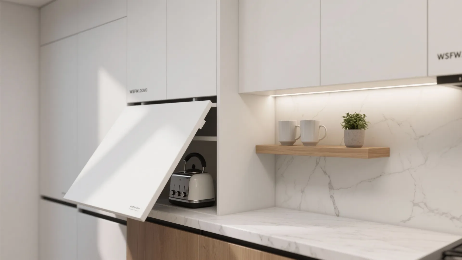 Modern white kitchen cabinet with a lift-up door revealing a toaster and wooden floating shelf