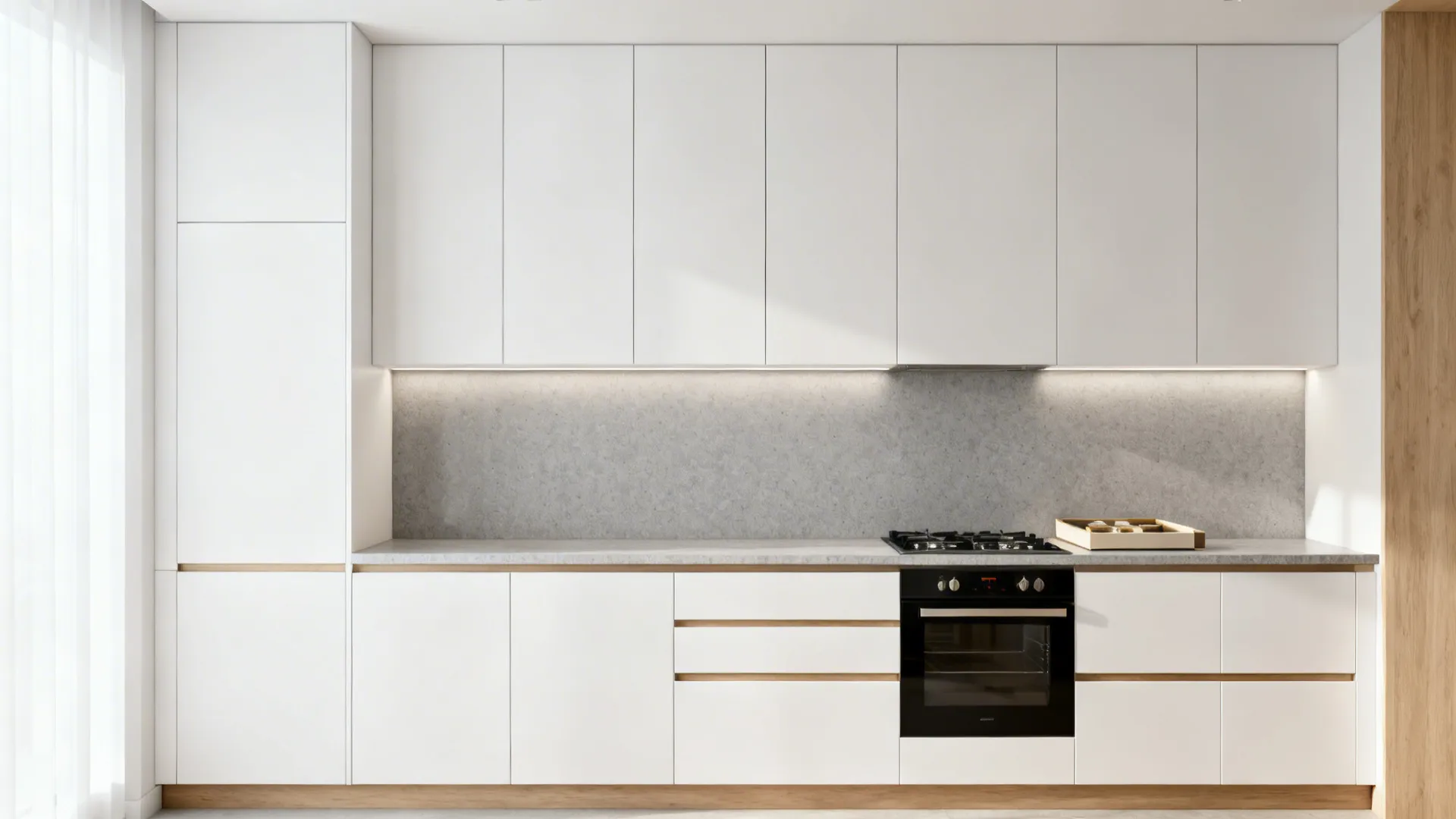 Modern white kitchen cabinets with light grey wall and black oven in a bright room