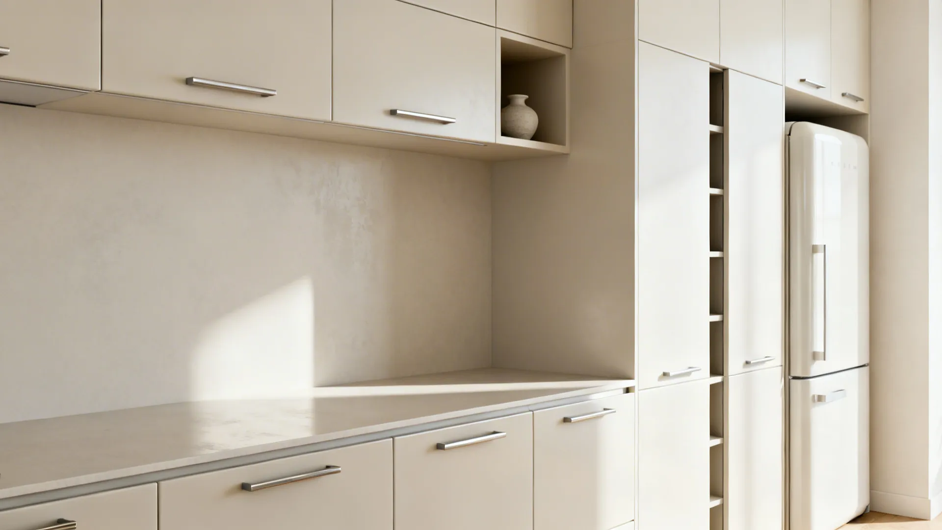 Flat-front satin cabinets with a concealed tall pantry and a small open niche in a compact kitchen.