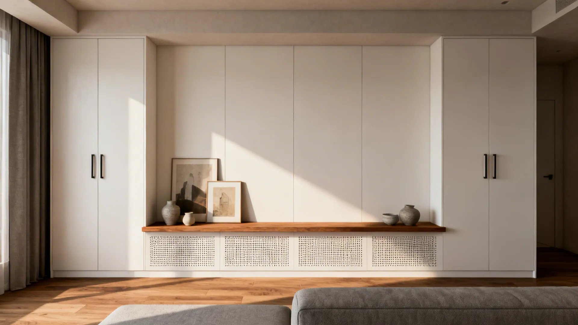 Minimalist storage feature wall with shallow cabinets and an oak ledge in a TV-free living room.
