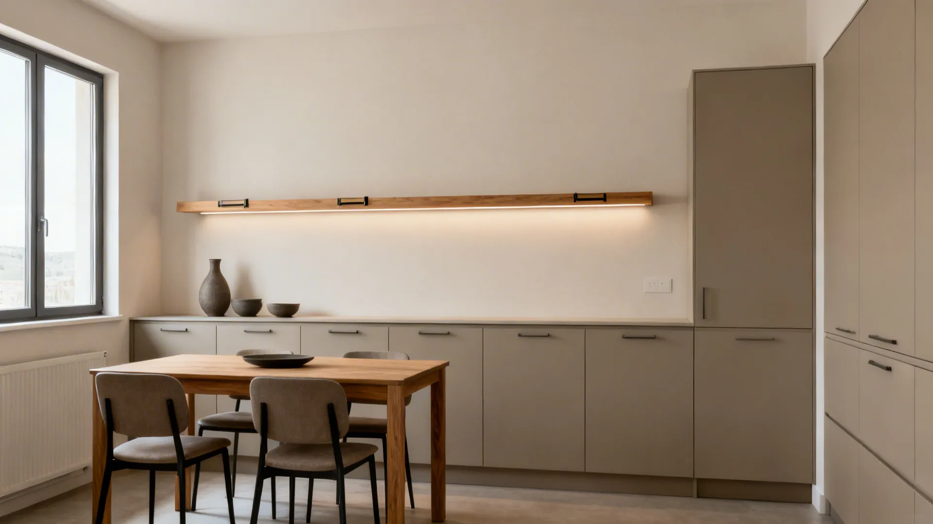 Slim matte storage wall with floating shelf beside a compact dining table maintaining clear walkways.