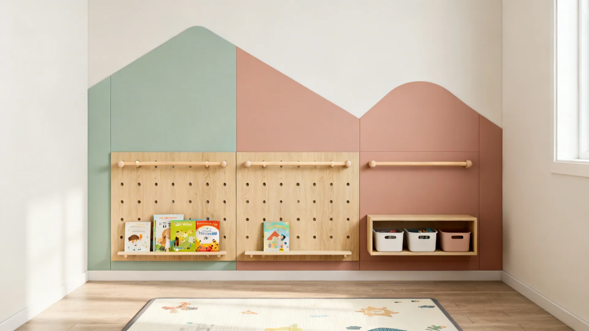 Minimalist kids’ storage wall with sage and peach color blocks, shallow shelves, and peg rails.