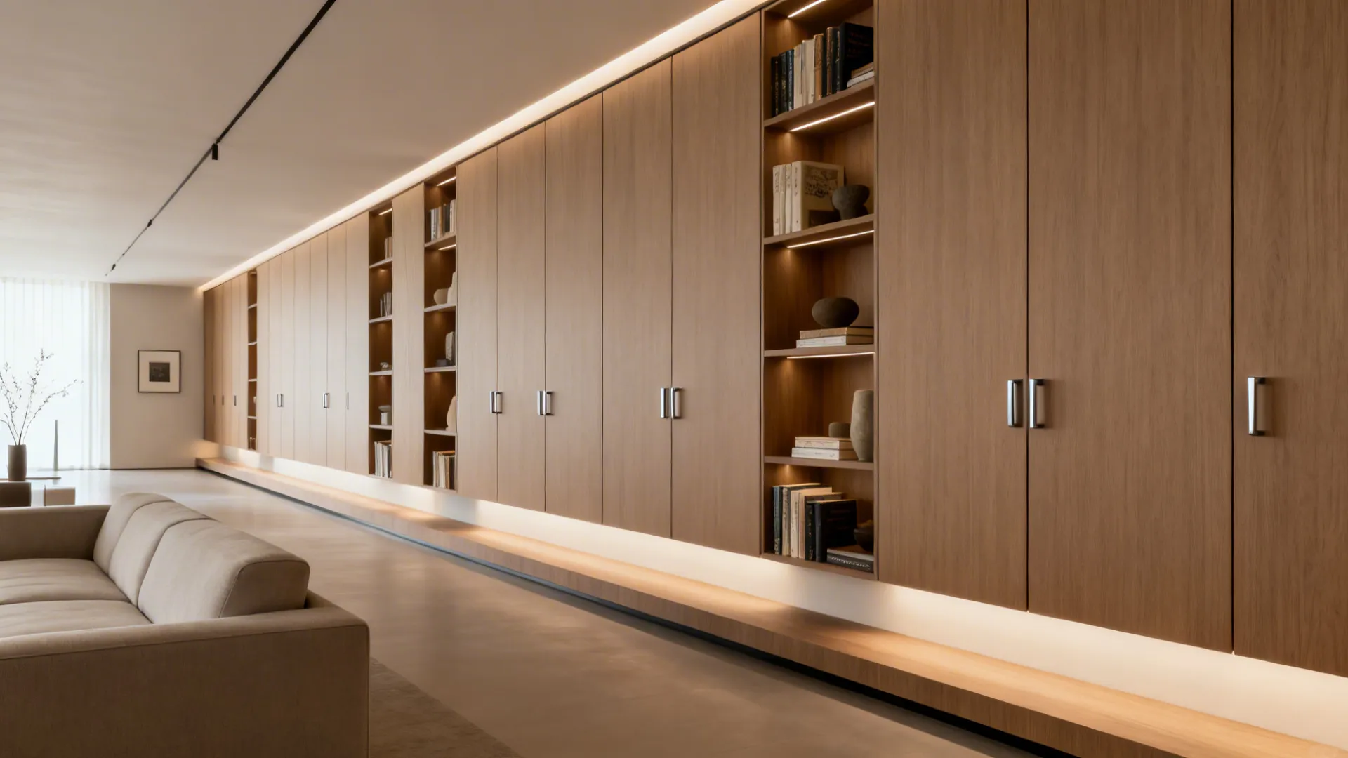 Long minimalist storage wall with mixed open shelves and floating base in a rectangular living room.