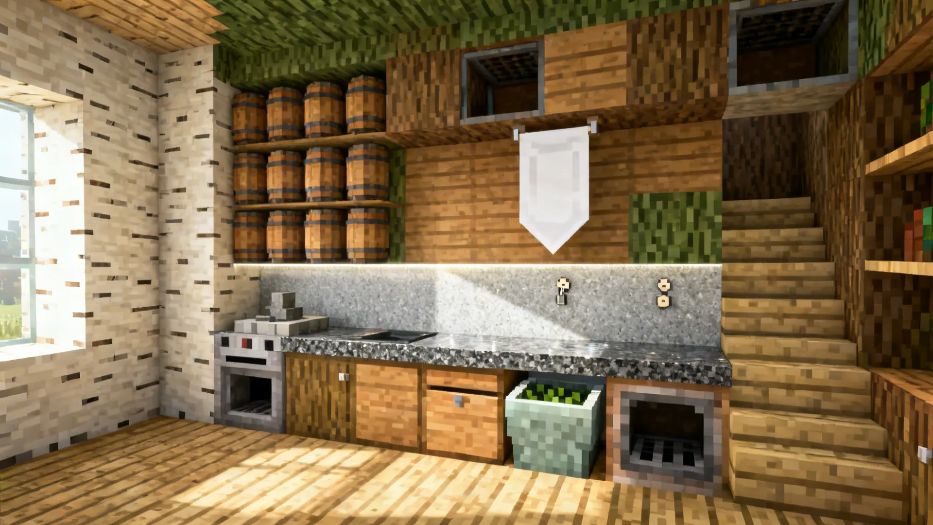 Minimalist vertical storage wall with barrels, open shelves, and a quartz backsplash in a small kitchen.