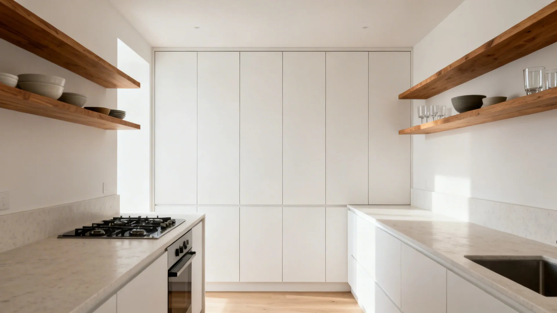 Minimalist 10x12 kitchen with a full-height storage wall and two oak open shelves.