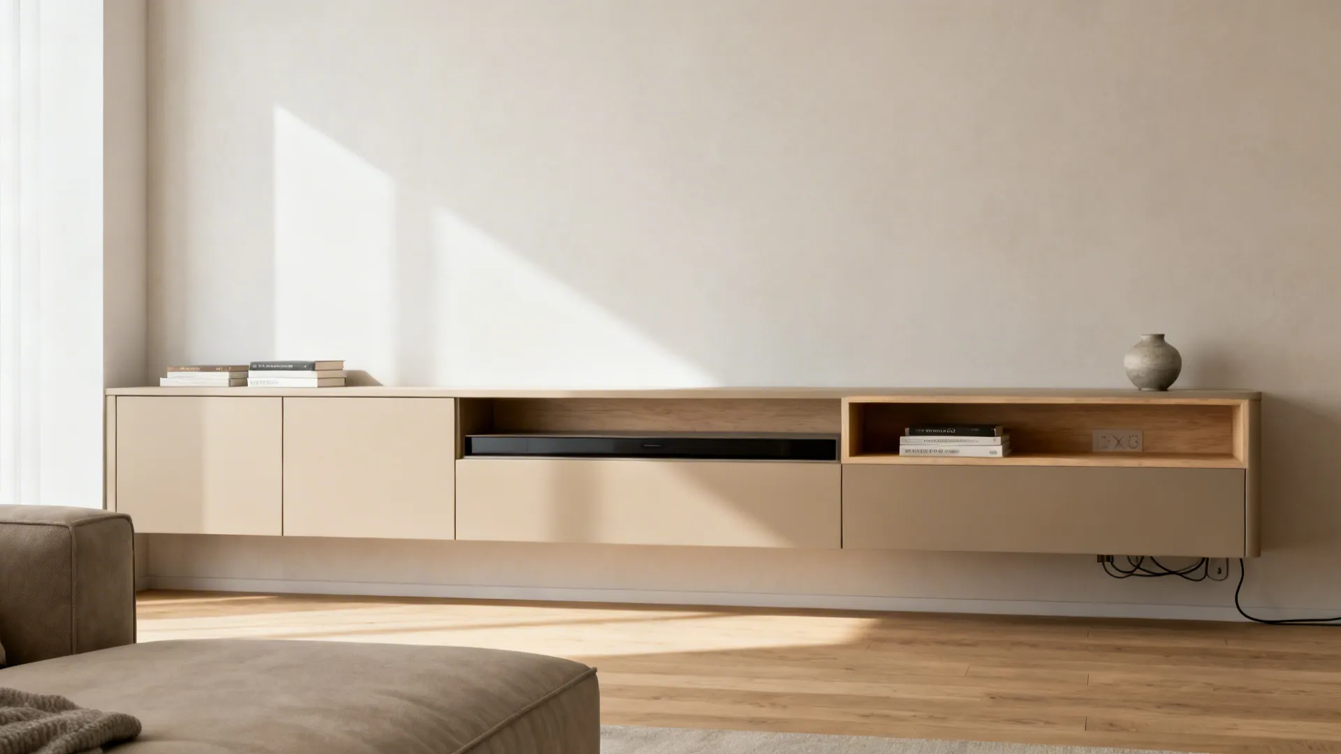 Idea 1: Minimal storage wall with warm neutrals