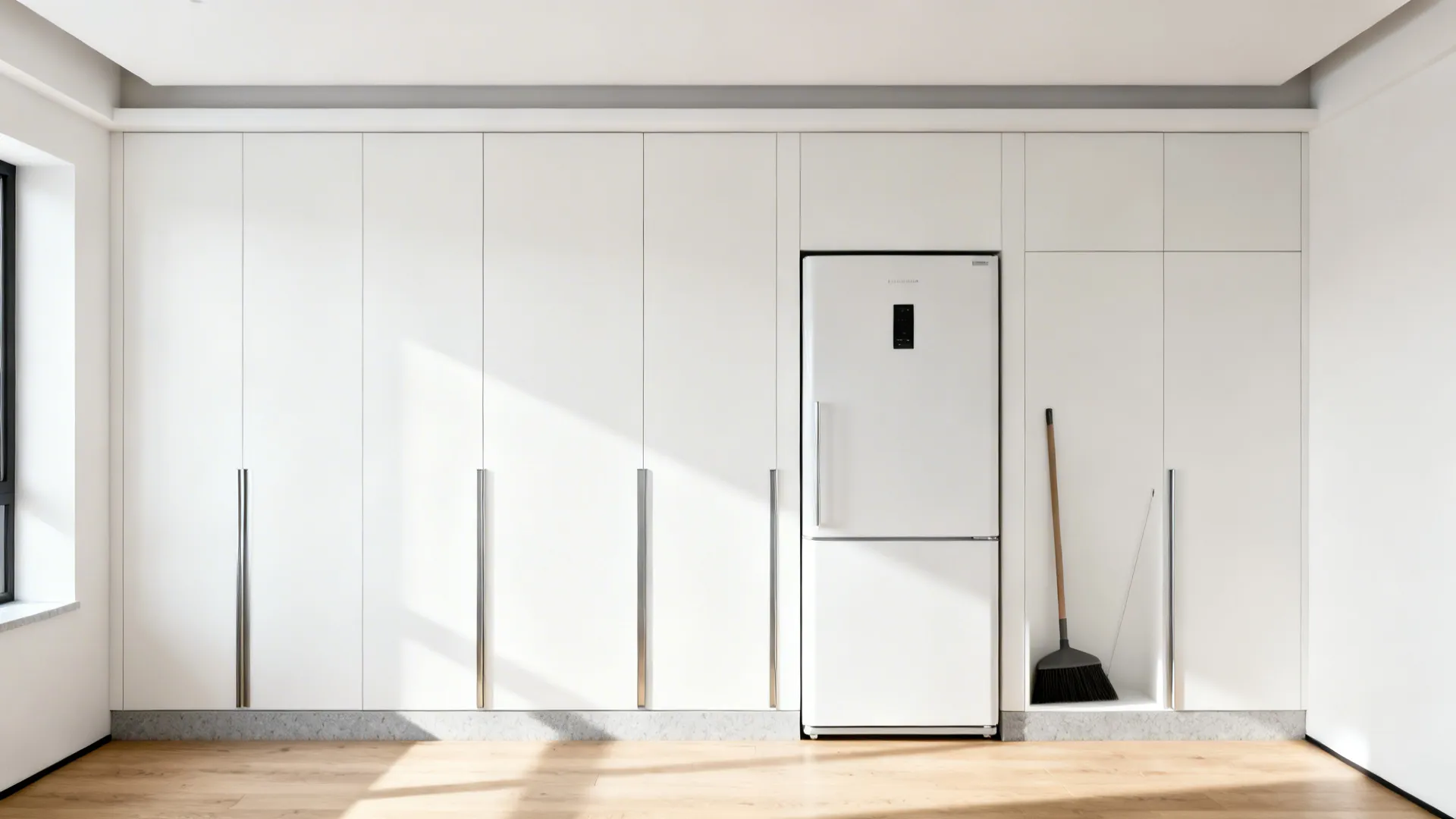 Minimalist full-height matte white storage wall with integrated appliances in a small kitchen.