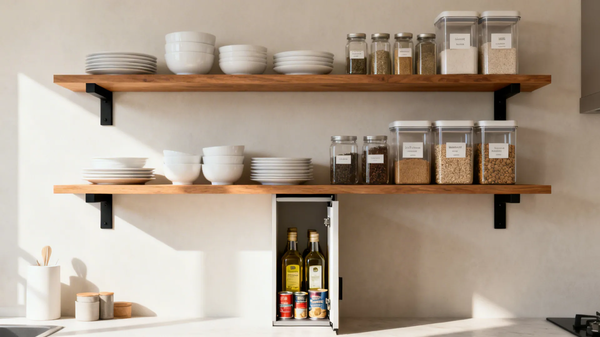 Two wooden shelves holding white dishes and glass jars above a small white storage cabinet