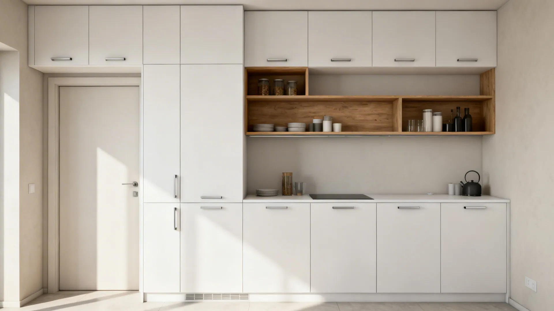 Minimalist white cabinets with integrated pulls and open oak shelves in a bright small kitchen.