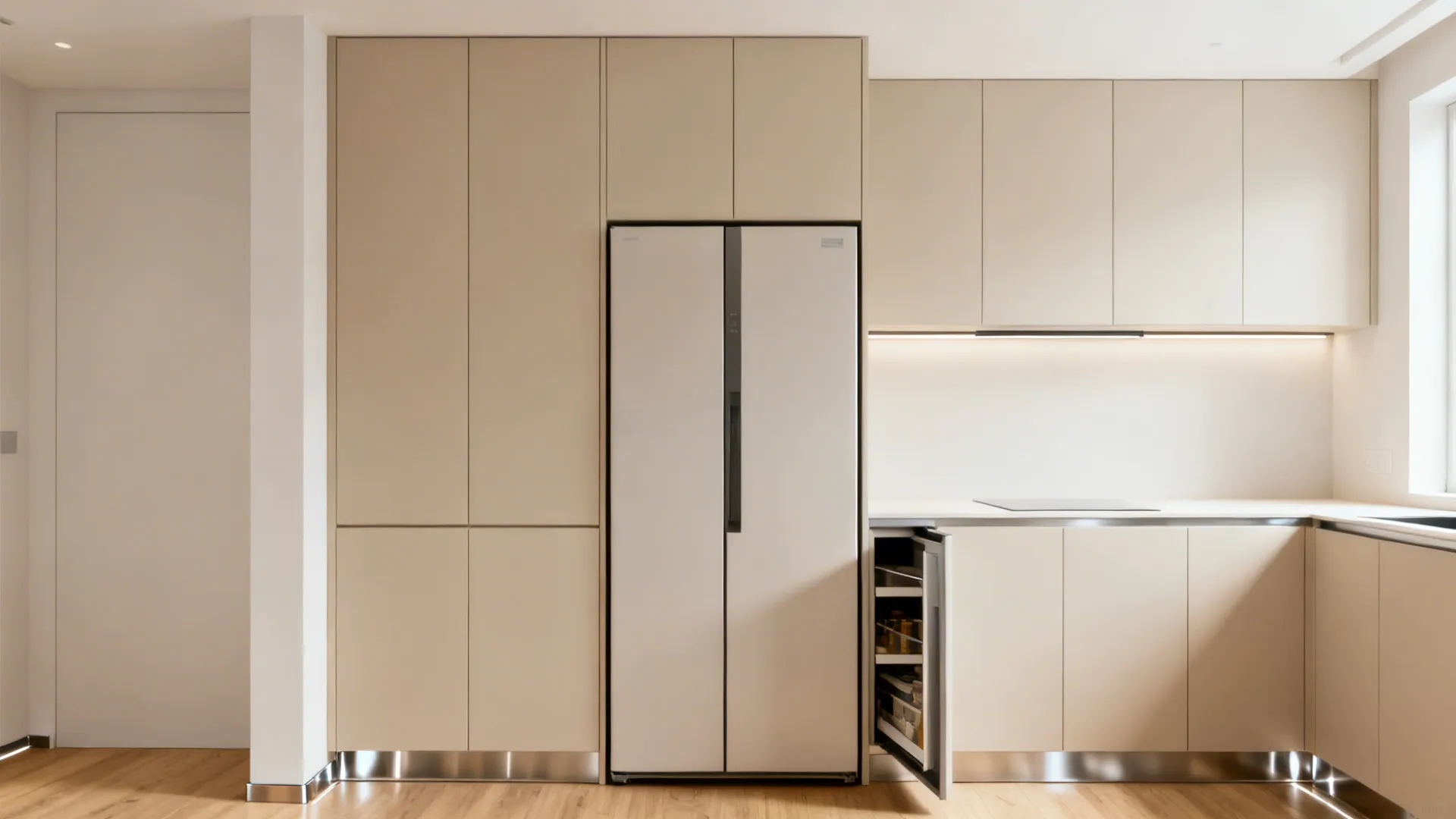 Full-height handleless matte cabinets with slim pull-out pantry in a tiny kitchen.