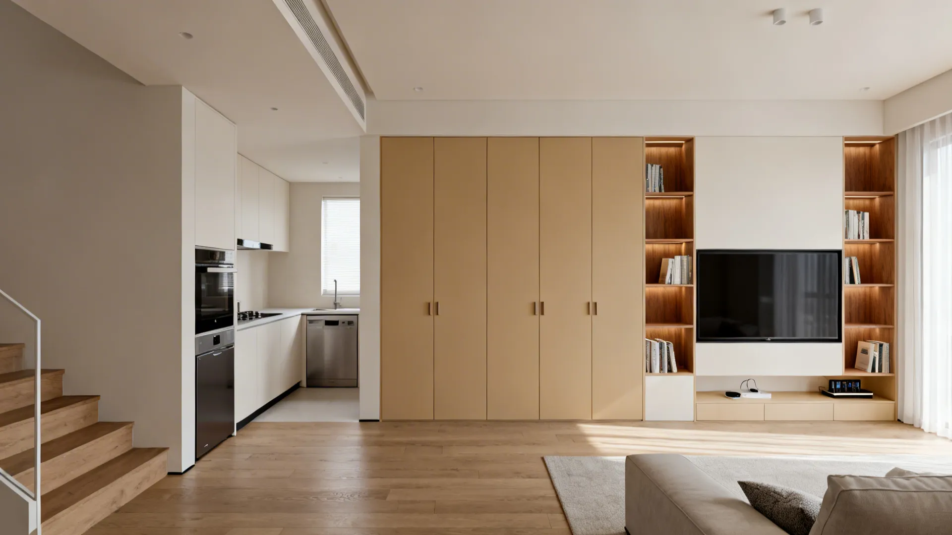 1) Minimalist storage wall that bridges living and kitchen