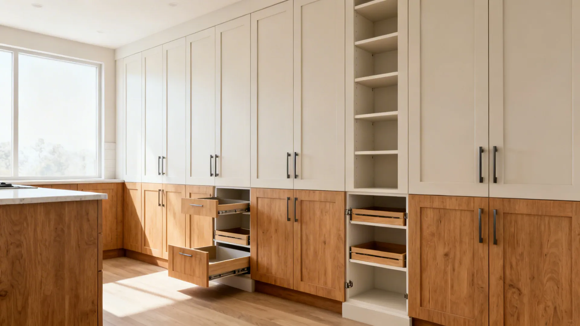 Full-height minimalist cabinets with integrated pulls and shallow pull-out pantry in an 8x10 kitchen.