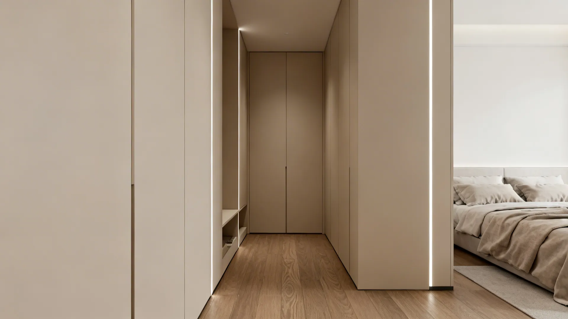 Flat-front full-height wardrobes with integrated lighting in a minimalist small bedroom corridor.