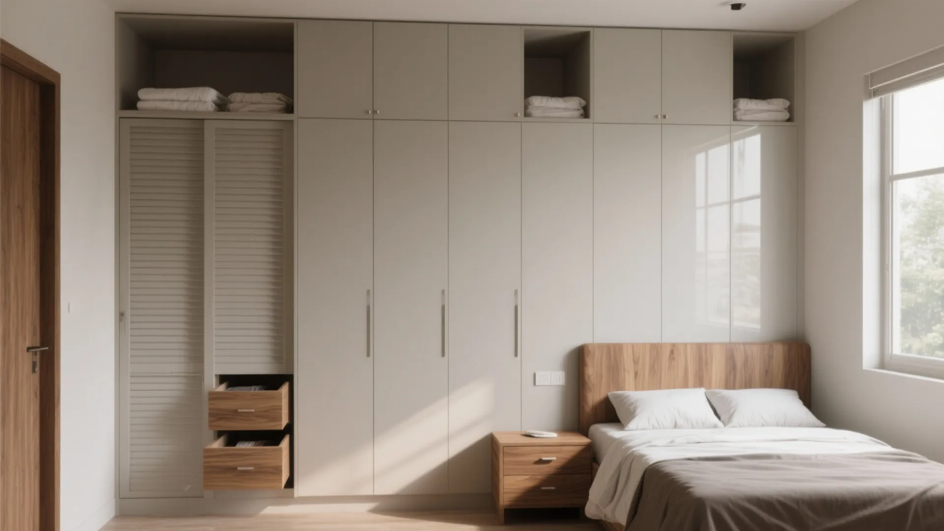 Modern bedroom featuring a large beige storage wardrobe wood bed frame nightstand and bright window