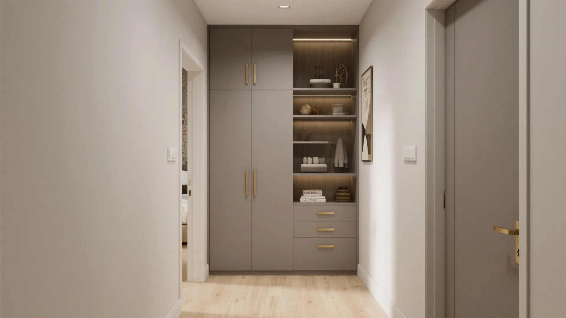 Modern grey built-in cabinet with open shelves, gold handles, wooden floor, and a warm light