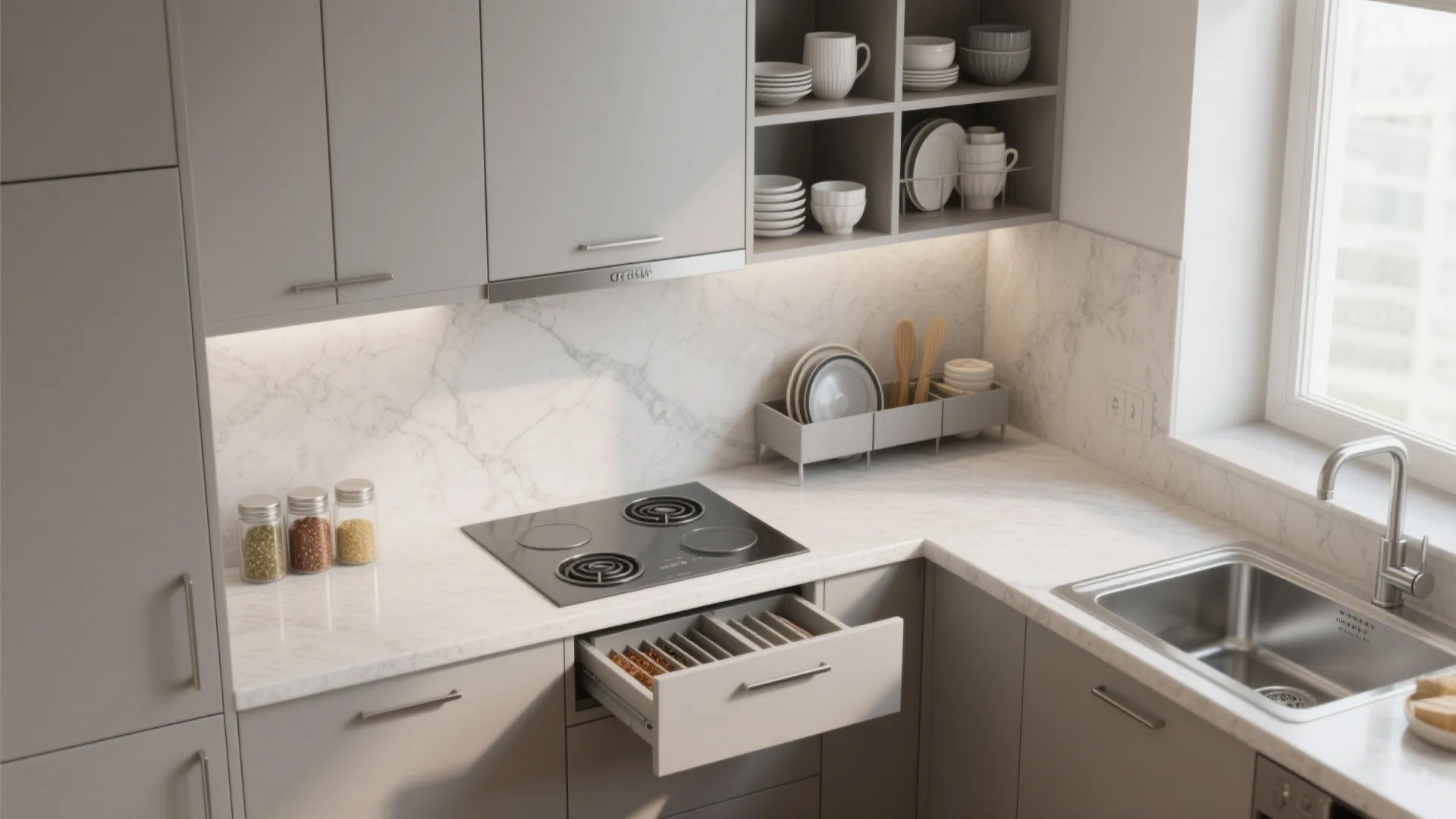 Grey kitchen cabinets with marble backsplash open shelf storage sink stove and organized spice drawer detail