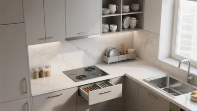 Modern Gray Kitchen with Marble Countertops & Smart Storage