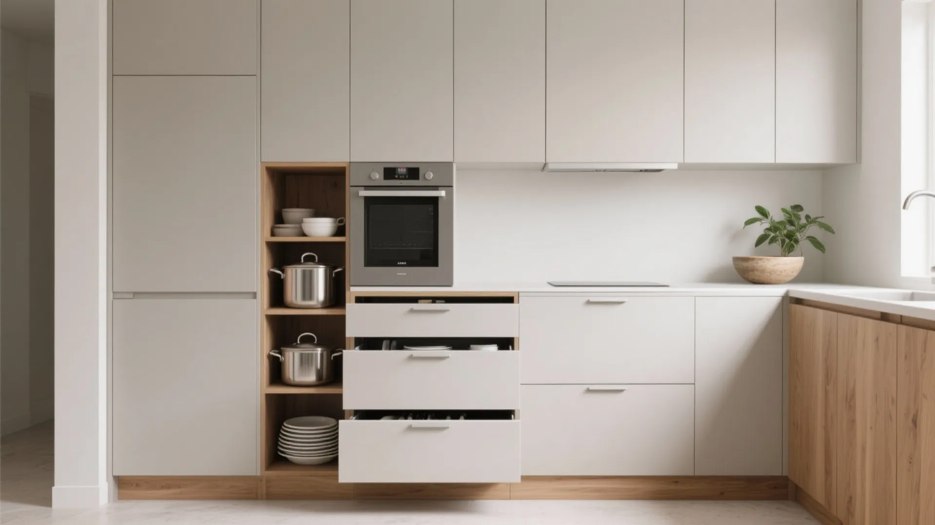 Modern kitchen with light grey cabinets, built-in oven, open wooden shelves, and white storage drawers