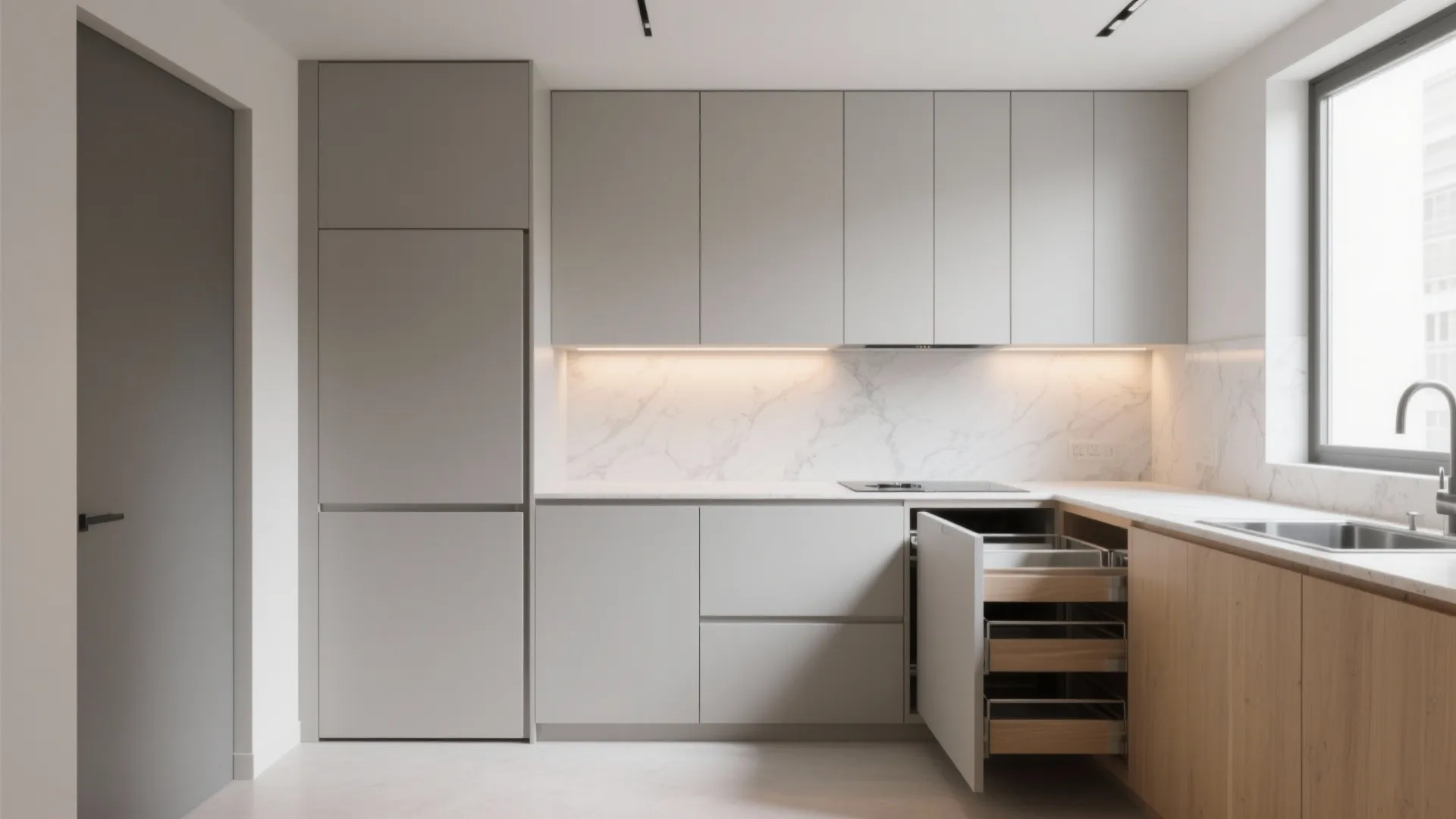 Minimalist small kitchen with slab-front cabinets, integrated pulls, and pull-out pantry in soft daylight.
