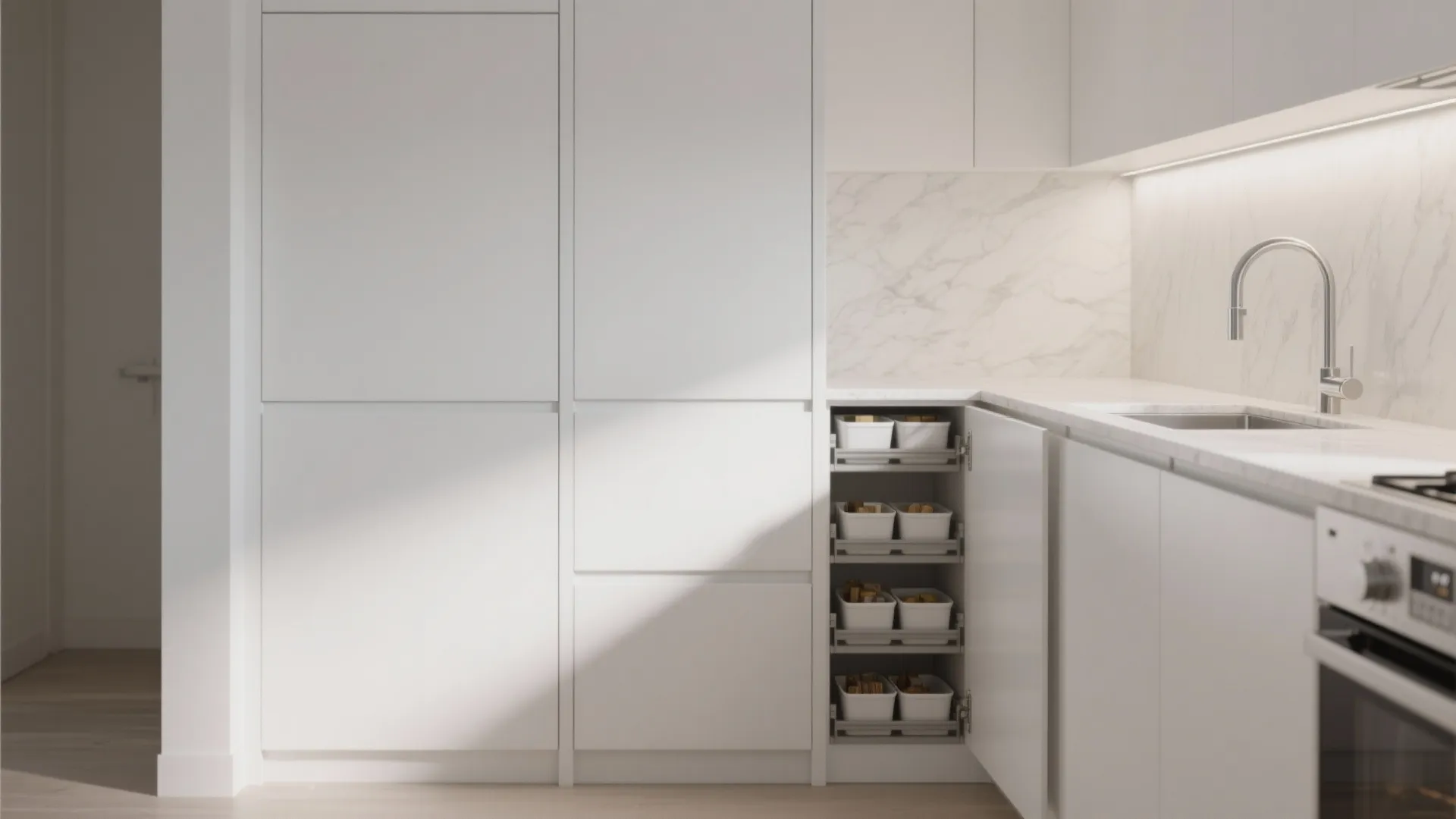 Handleless full-height cabinets with a slim pull-out pantry in a bright minimalist small kitchen.