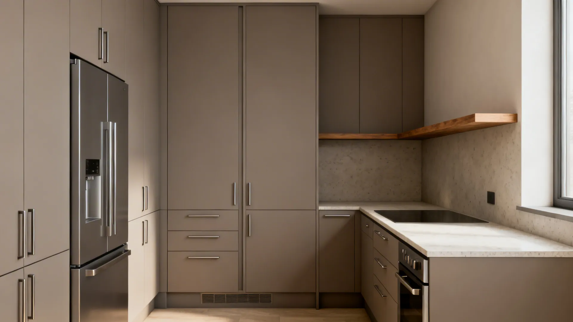 Minimalist matte tall cabinets with integrated pulls and toe-kick drawers in a compact kitchen.