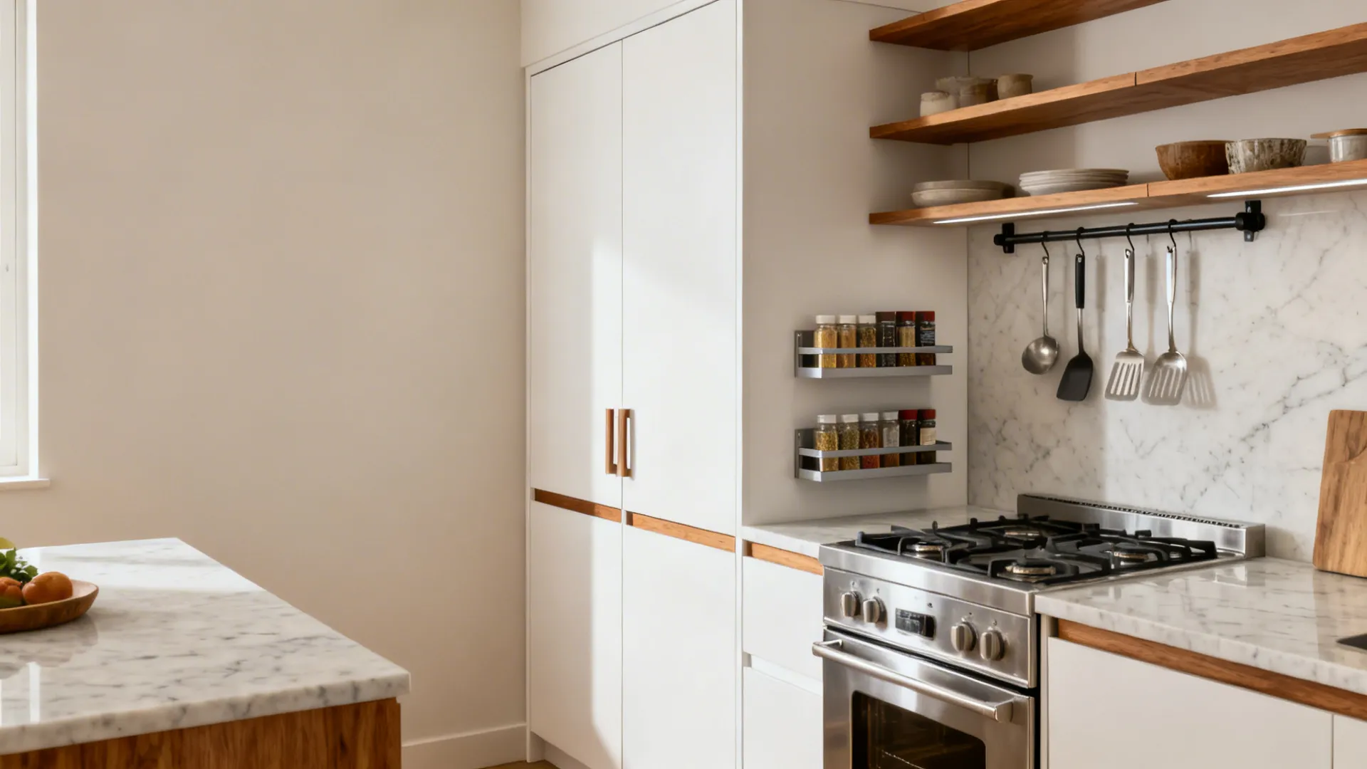 Minimalist small kitchen with a tall pantry, slim open shelves, and rail storage for a clutter-free counter.