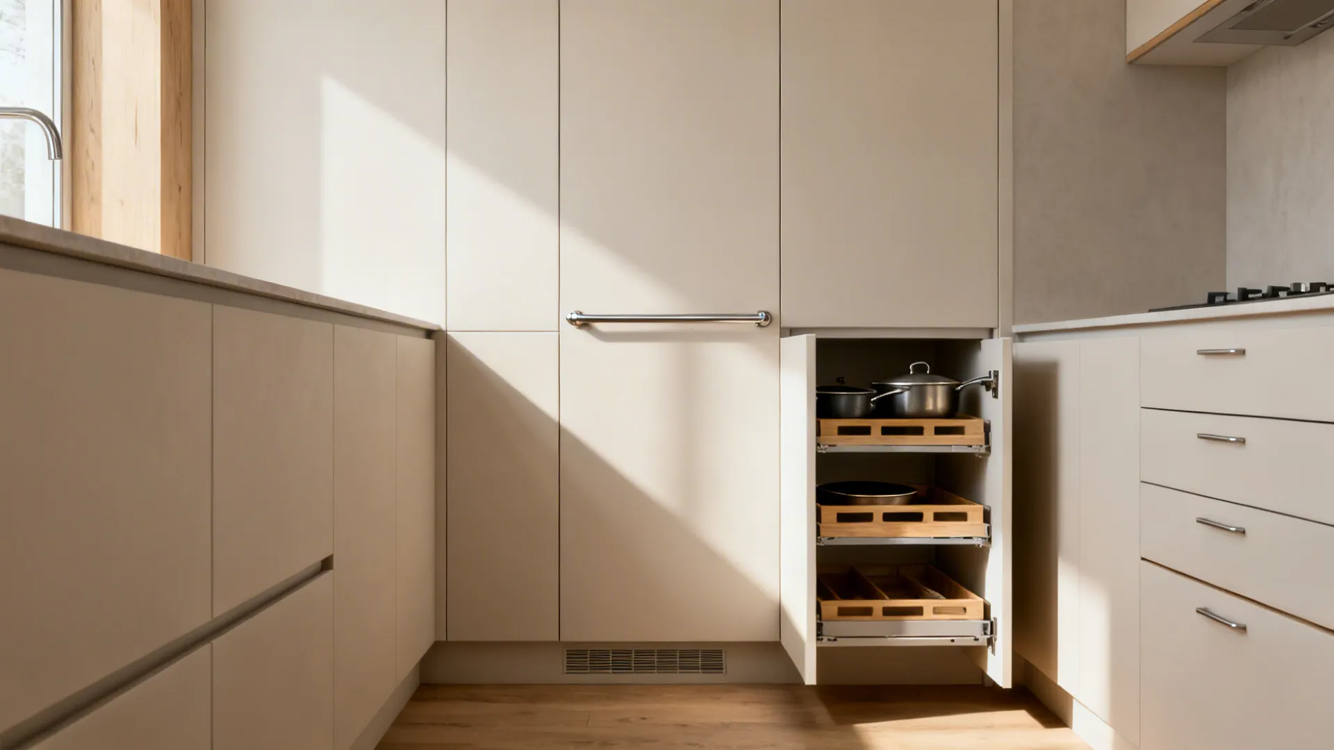 Small kitchen with slim full-height cabinets, a single rail, and hidden organizers.