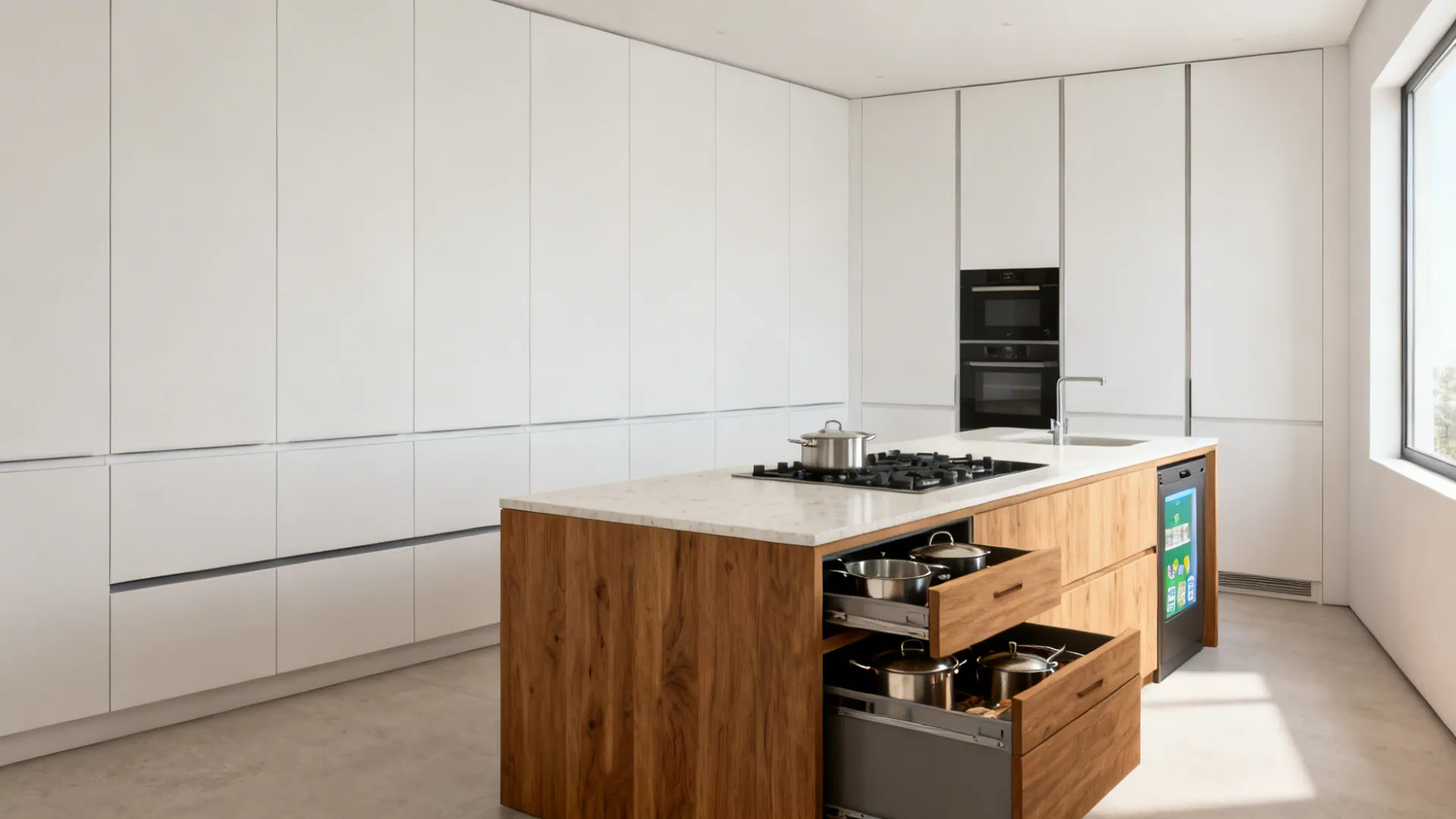 Minimalist one-wall kitchen with handleless white cabinets, tall pantry, and oak-drawer island.