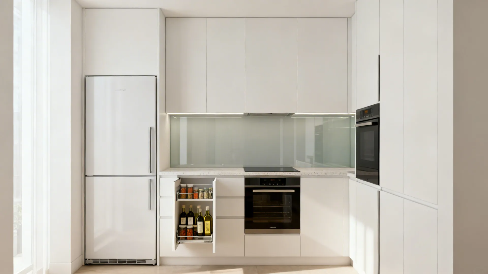 Full-height minimalist cabinets with slim pull-out pantry in a compact kitchen, creating calm clean lines.