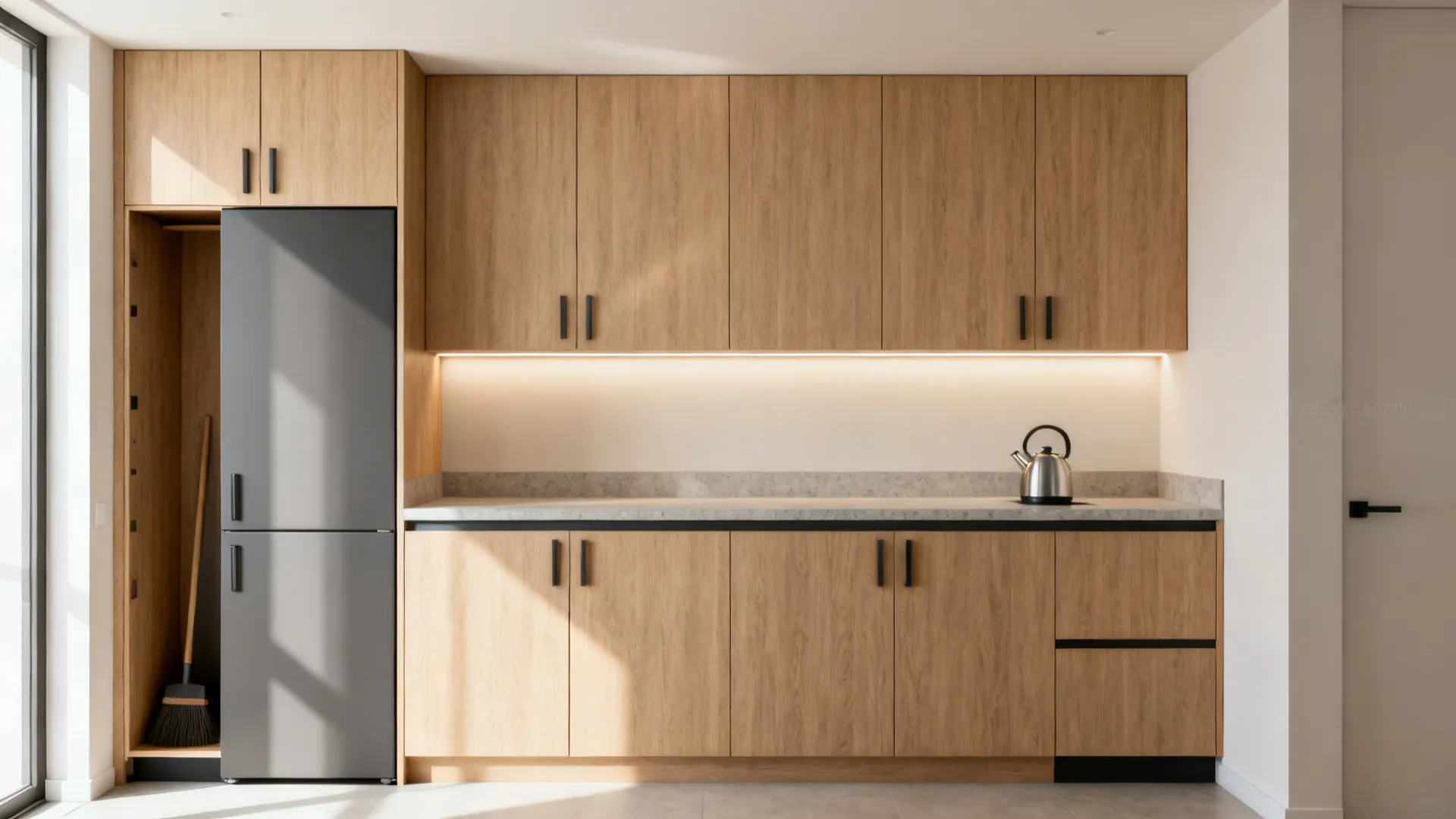 Minimalist kitchen with light wood cabinets, gray fridge, stone countertop, silver kettle, and broom storage