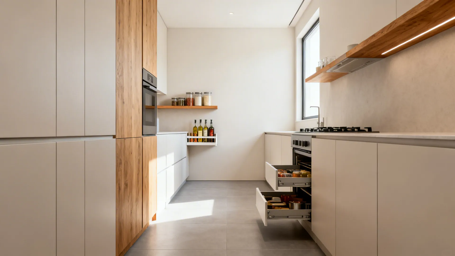 Minimalist narrow kitchen with slim pull-outs and open shelf near cook zone.