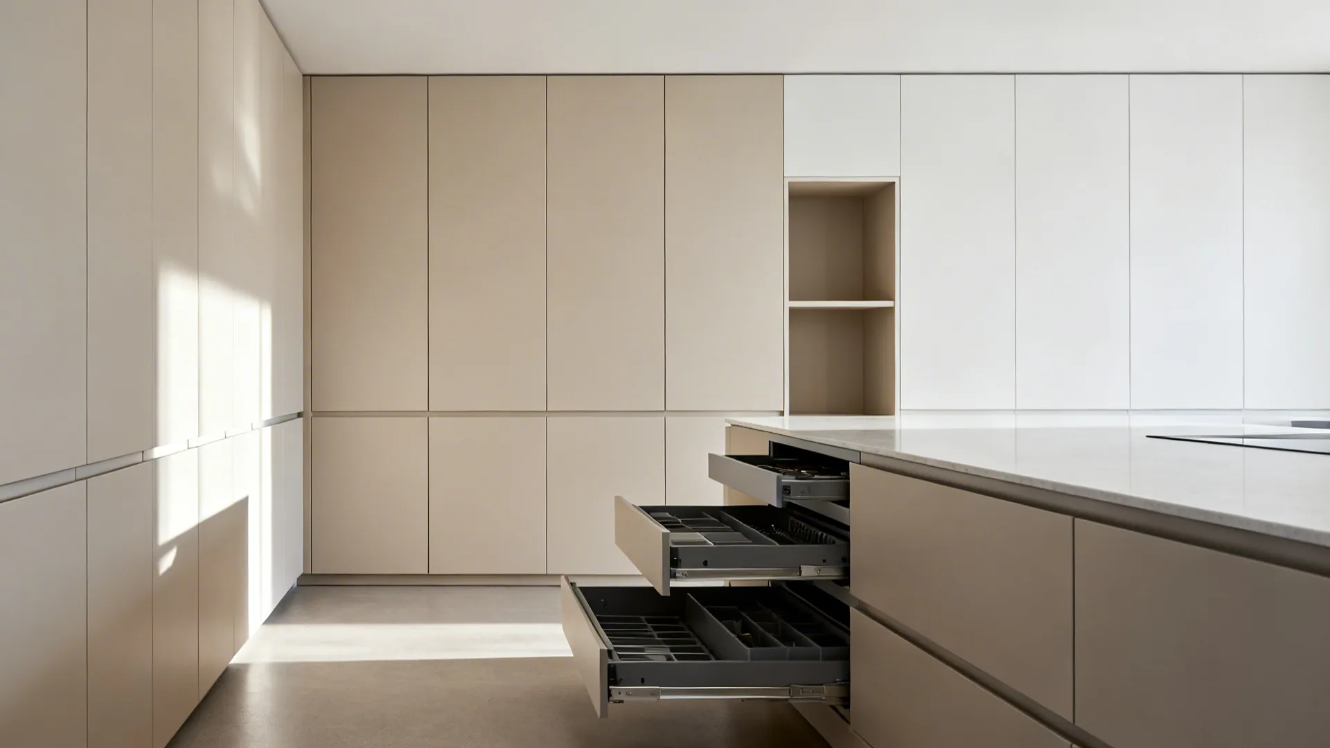 Minimalist 16x9 kitchen with handleless slab fronts, tall slim pantry, open shelf, and deep drawers.
