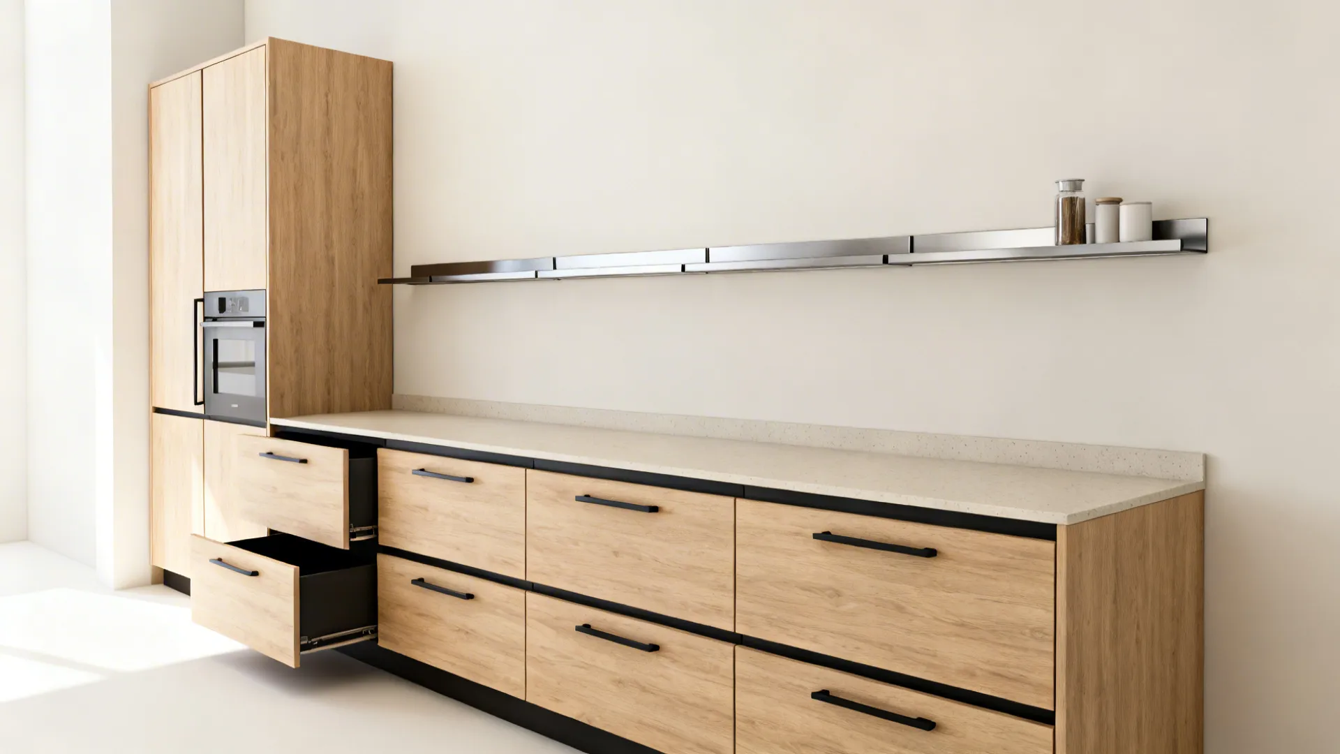 Small kitchen with tall pantry, deep drawers, and a slim pull-out creating a clean, uninterrupted counter run.