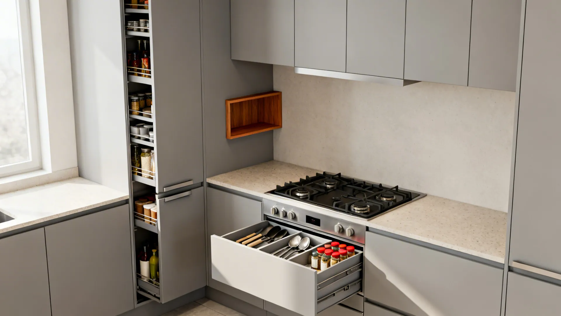 Slim upper cabinets and a tall pull-out pantry with organized drawers in a minimalist kitchen.