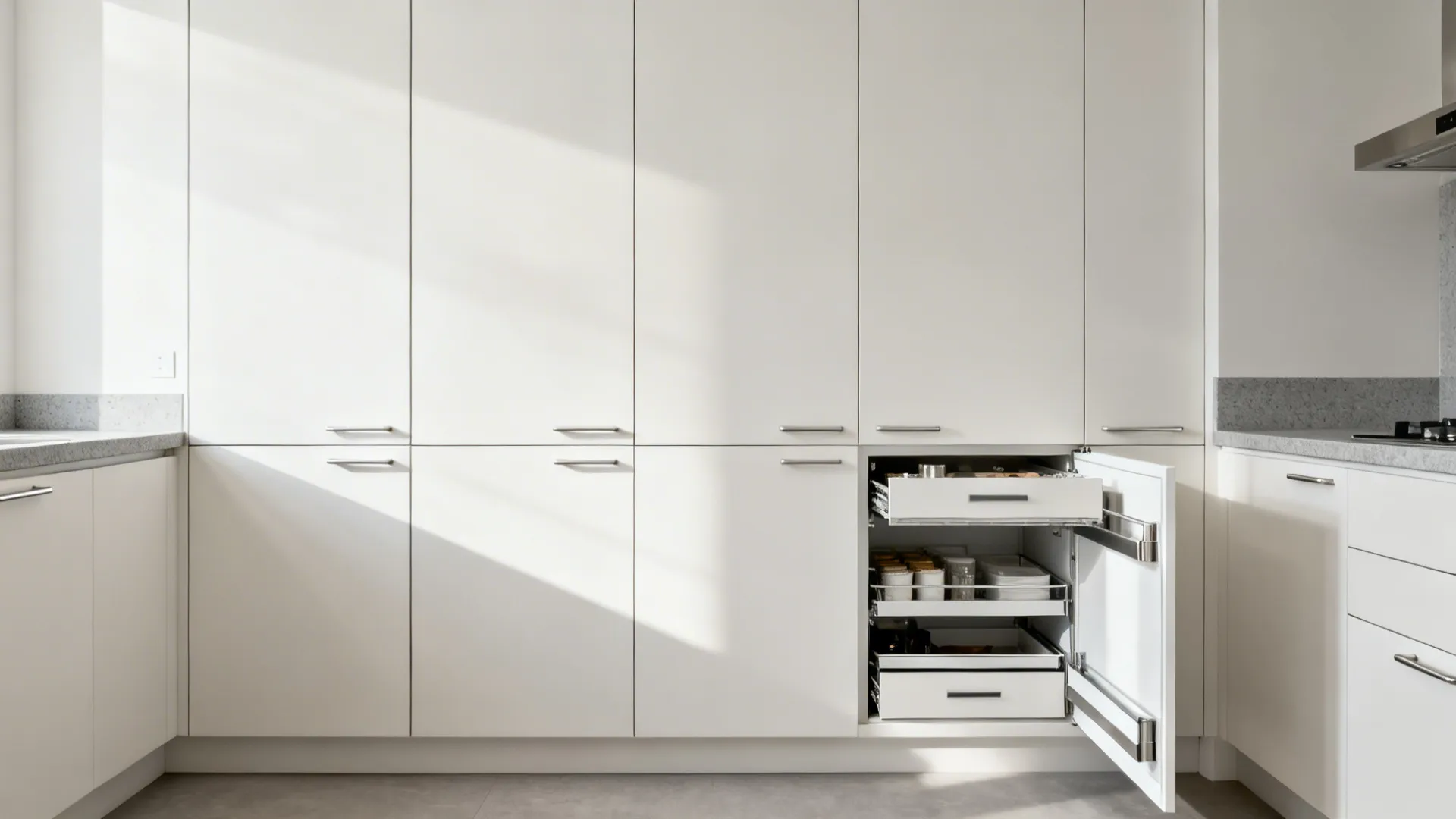 Minimalist small kitchen storage with flat-front cabinets and a slim pull-out pantry.