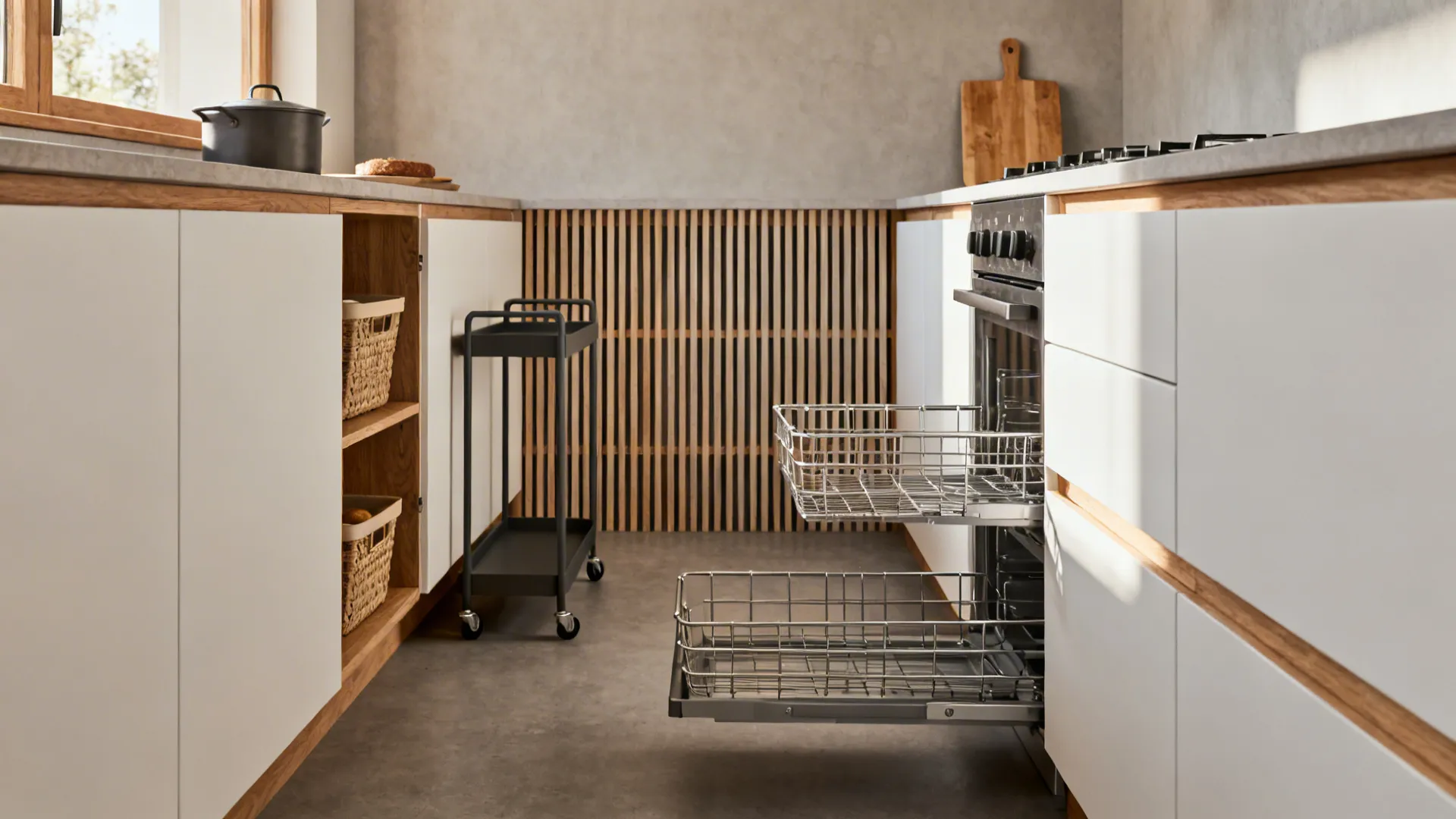 Tiny galley kitchen with pull-out baskets, rolling cart, and vertical dividers maximizing storage.