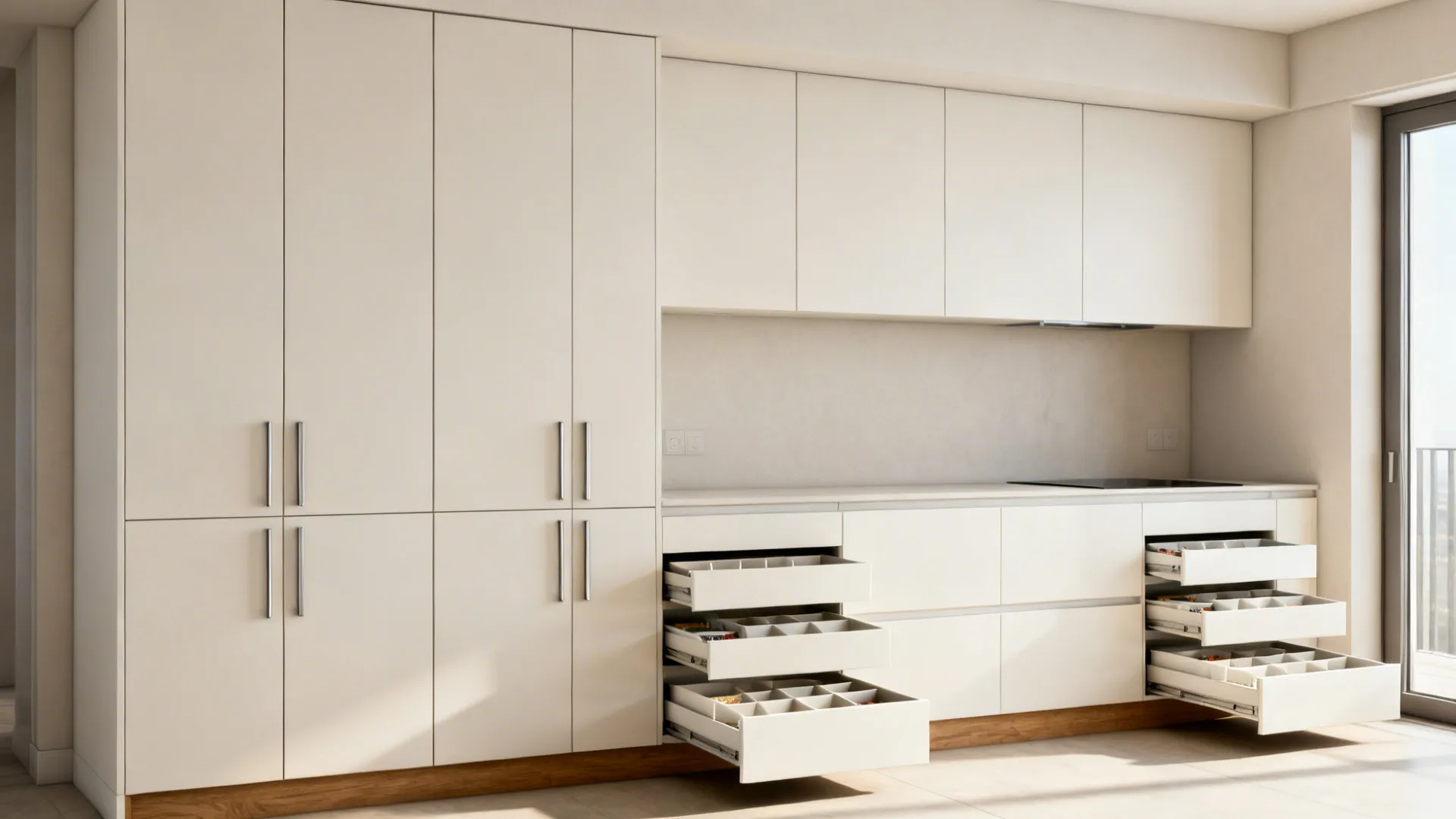 Full-height flat-panel cabinets with concealed organizers in a calm 12×9 ft kitchen.